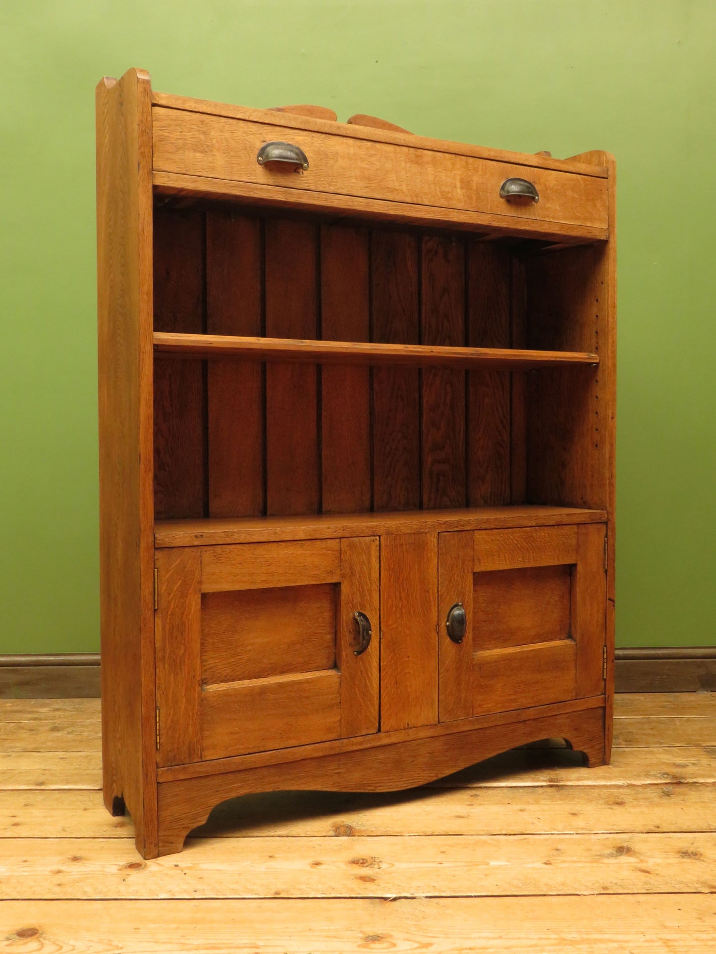 Arts & Crafts Era Oak Book Cabinet with Shelves and Cupboard