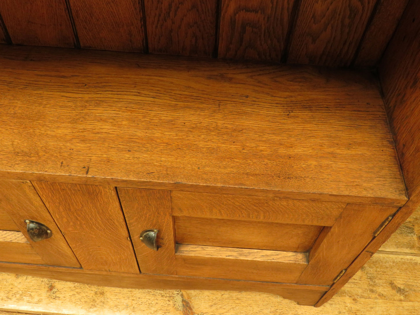 Arts & Crafts Era Oak Book Cabinet with Shelves and Cupboard