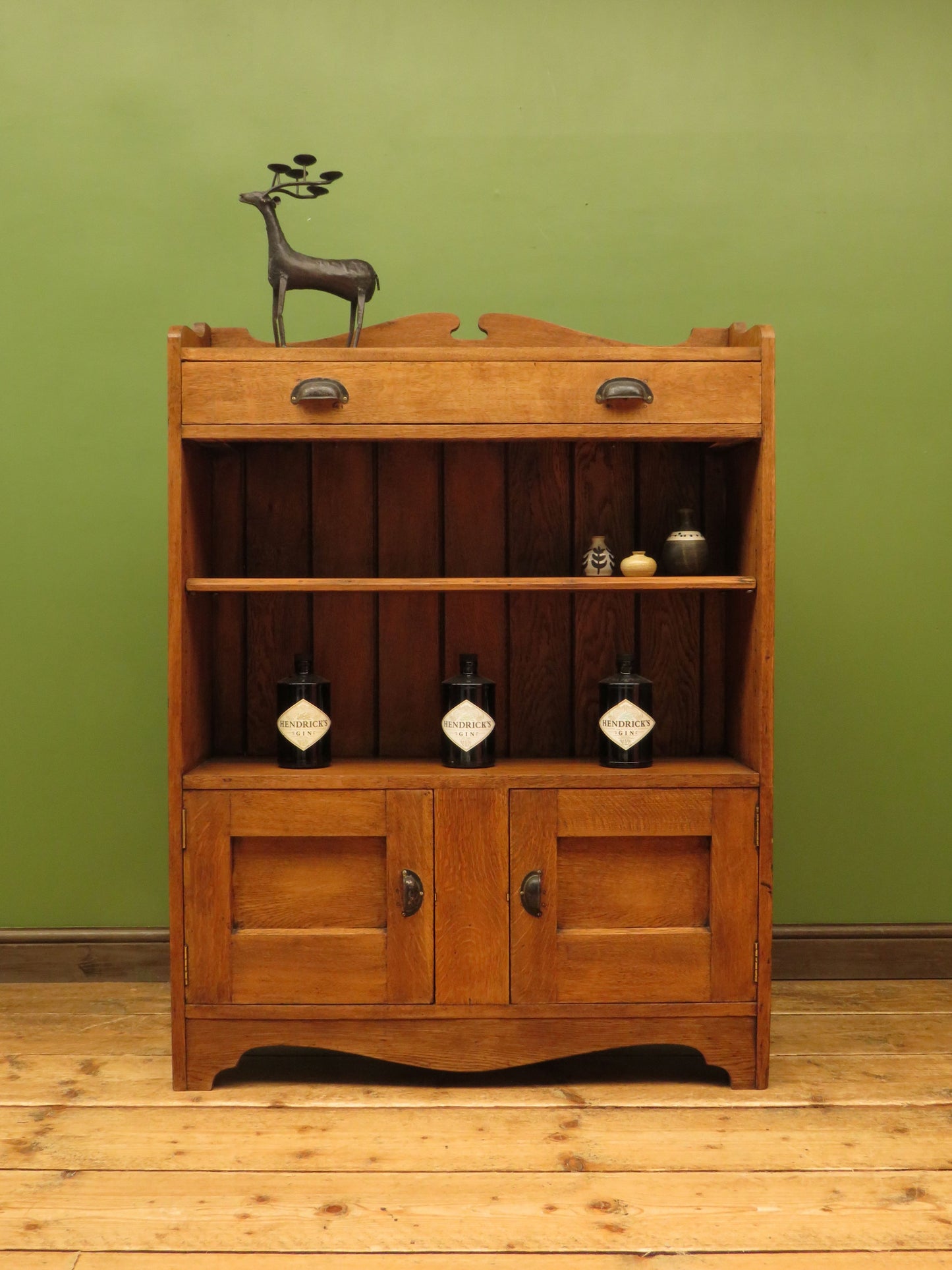 Arts & Crafts Era Oak Book Cabinet with Shelves and Cupboard