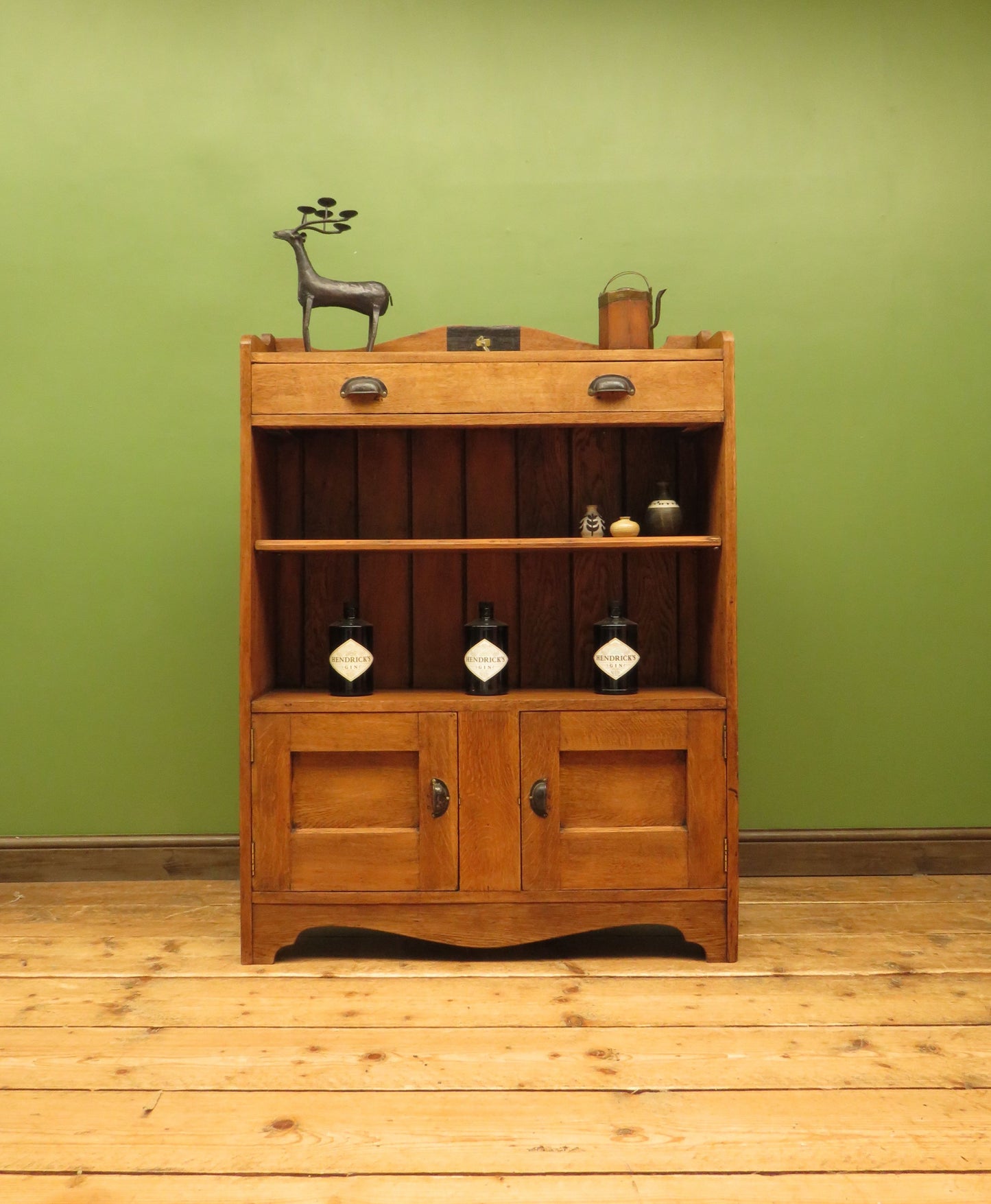 Arts & Crafts Era Oak Book Cabinet with Shelves and Cupboard
