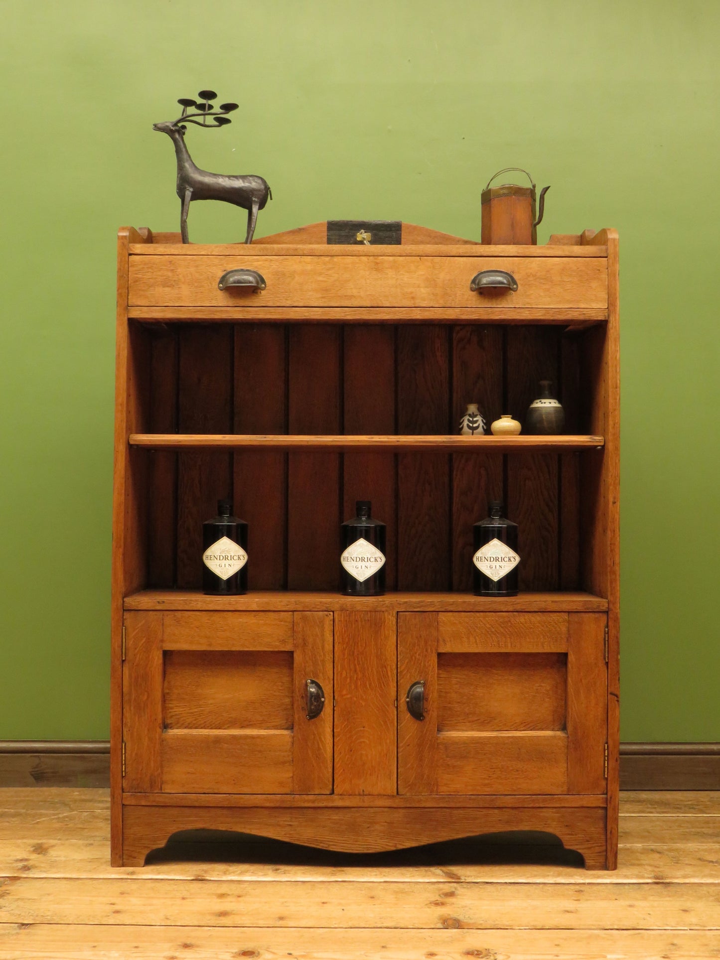 Arts & Crafts Era Oak Book Cabinet with Shelves and Cupboard