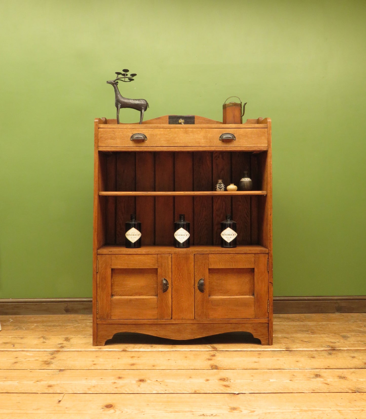 Arts & Crafts Era Oak Book Cabinet with Shelves and Cupboard
