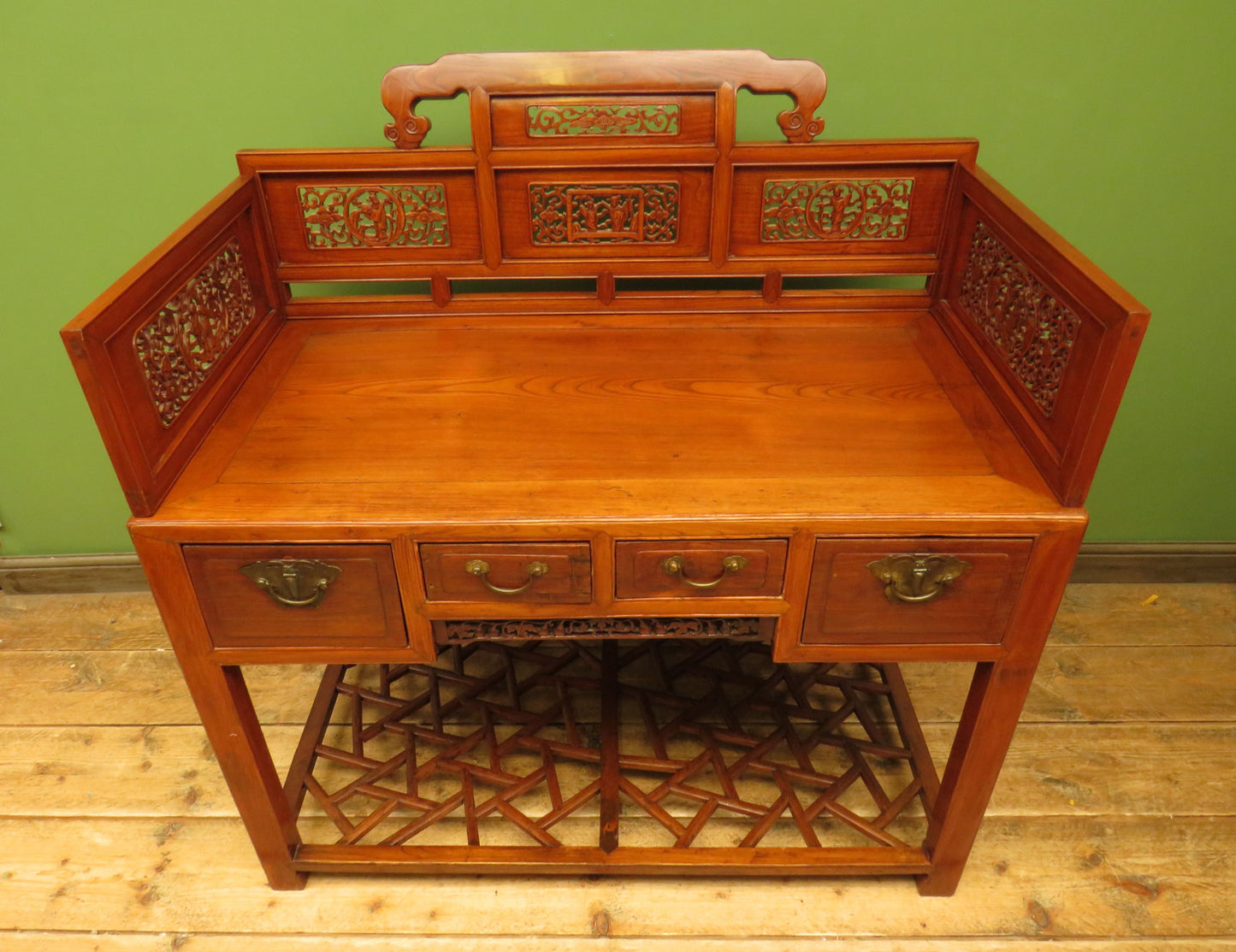 Chinese Elm Table with Ornate Carvings