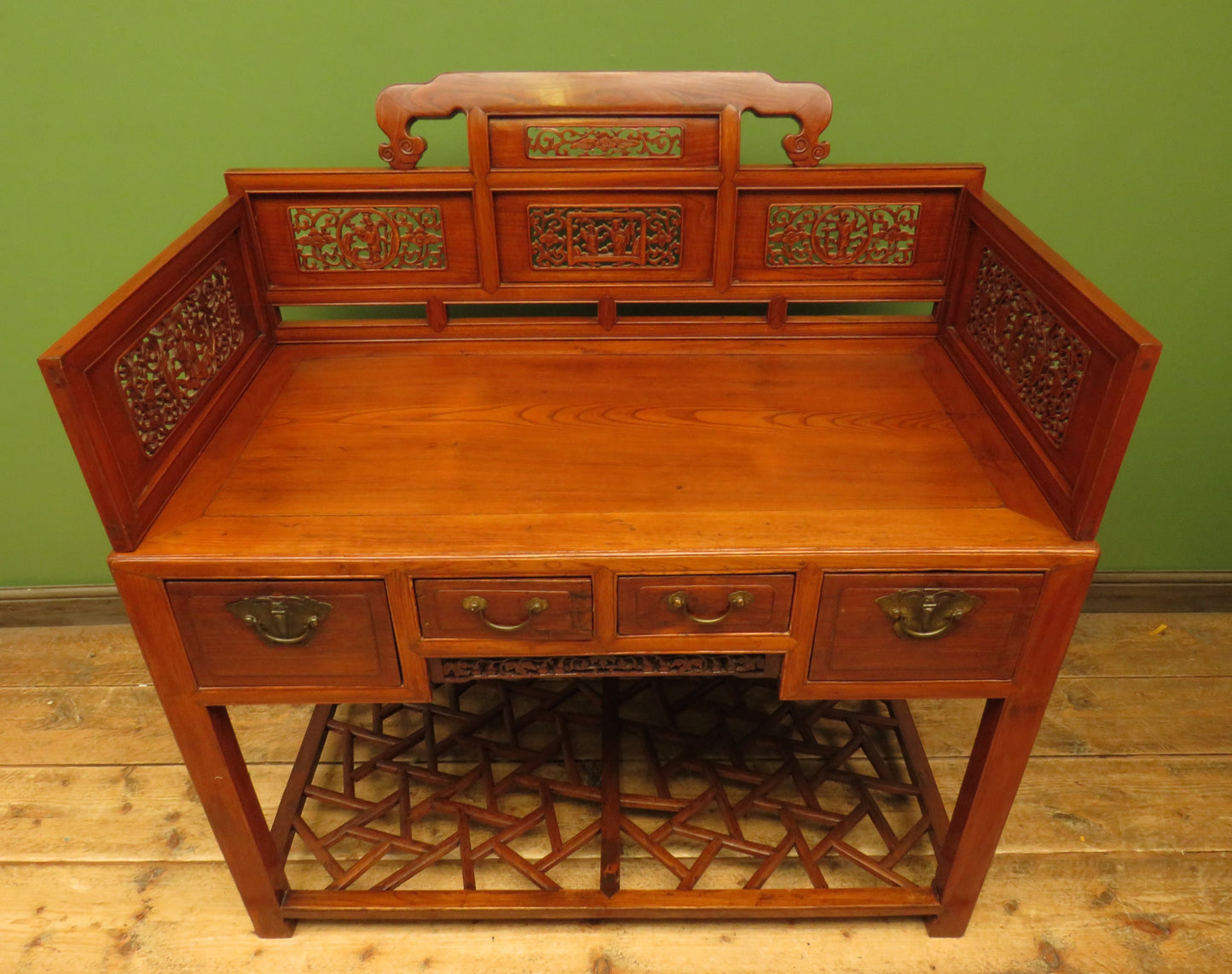 Chinese Elm Table with Ornate Carvings