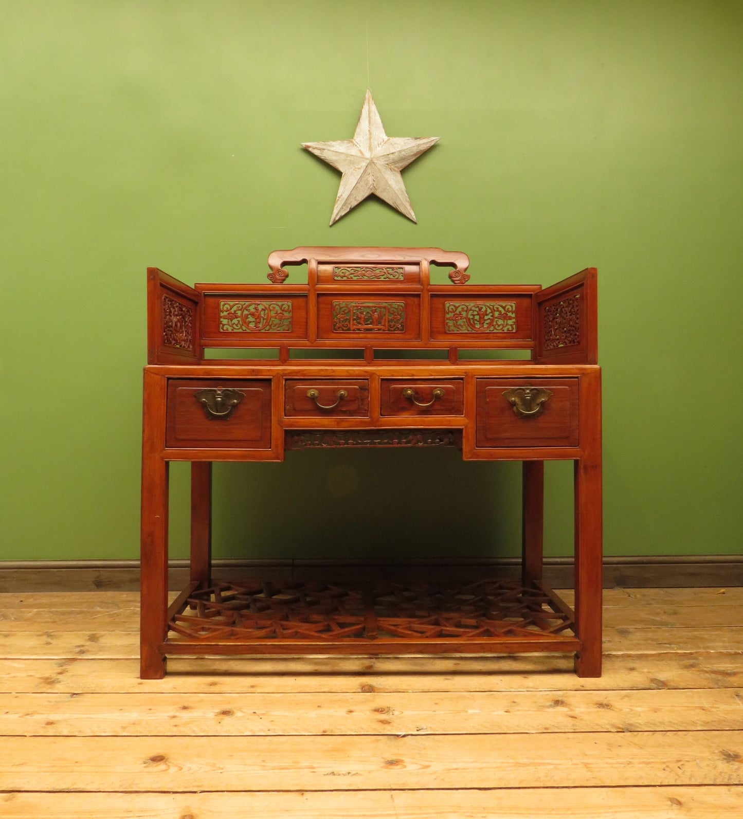 Chinese Elm Table with Ornate Carvings