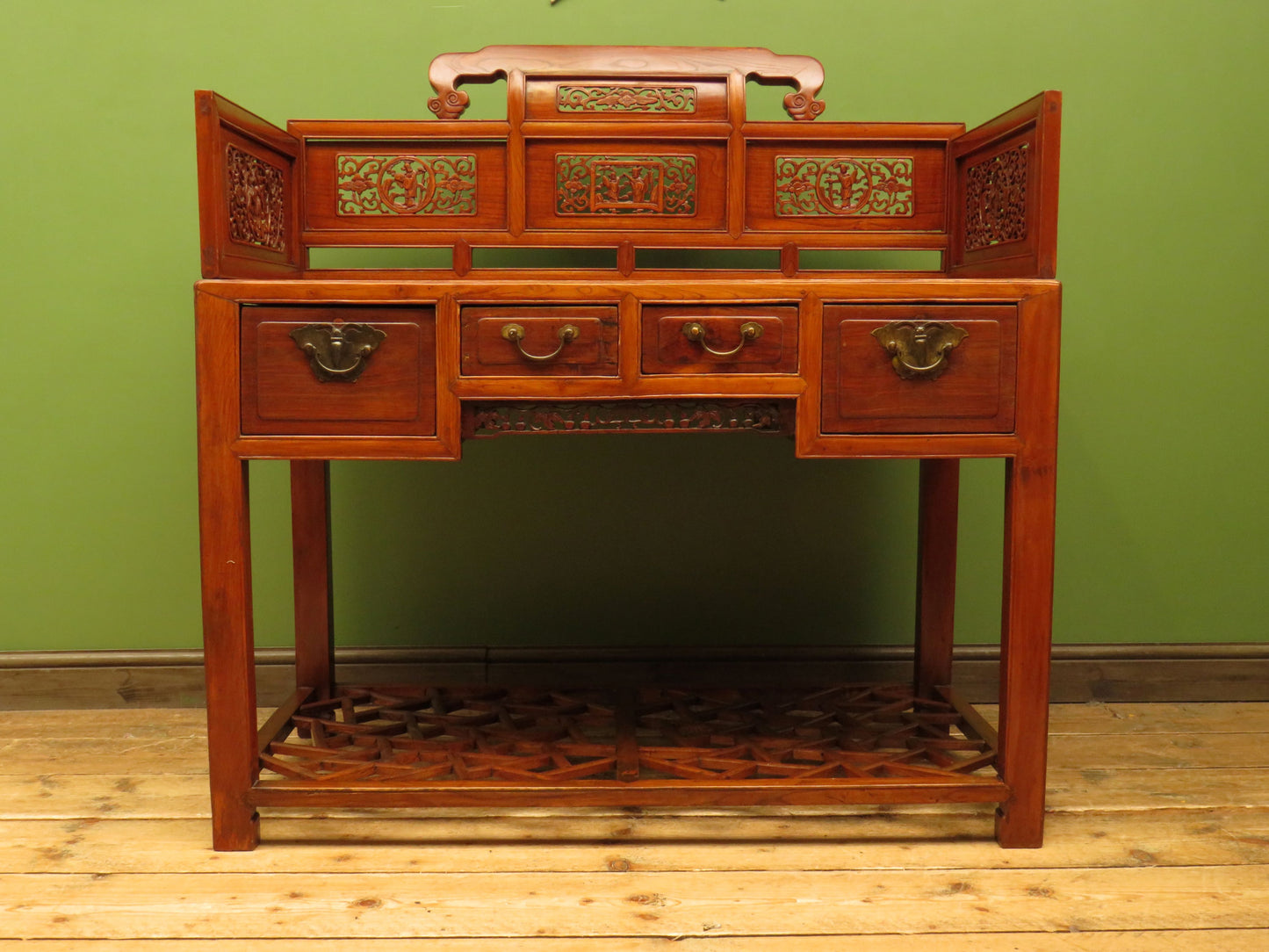 Chinese Elm Table with Ornate Carvings