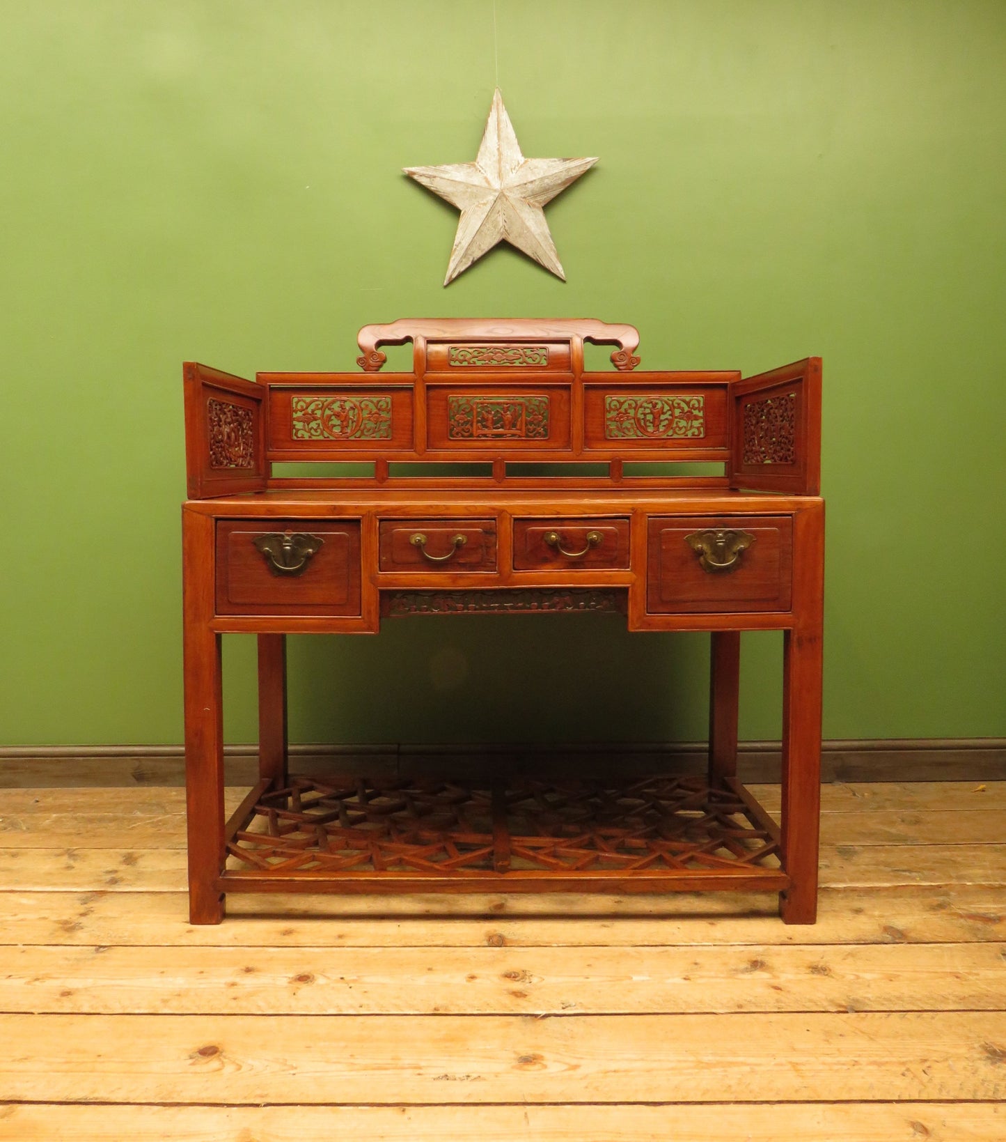 Chinese Elm Table with Ornate Carvings