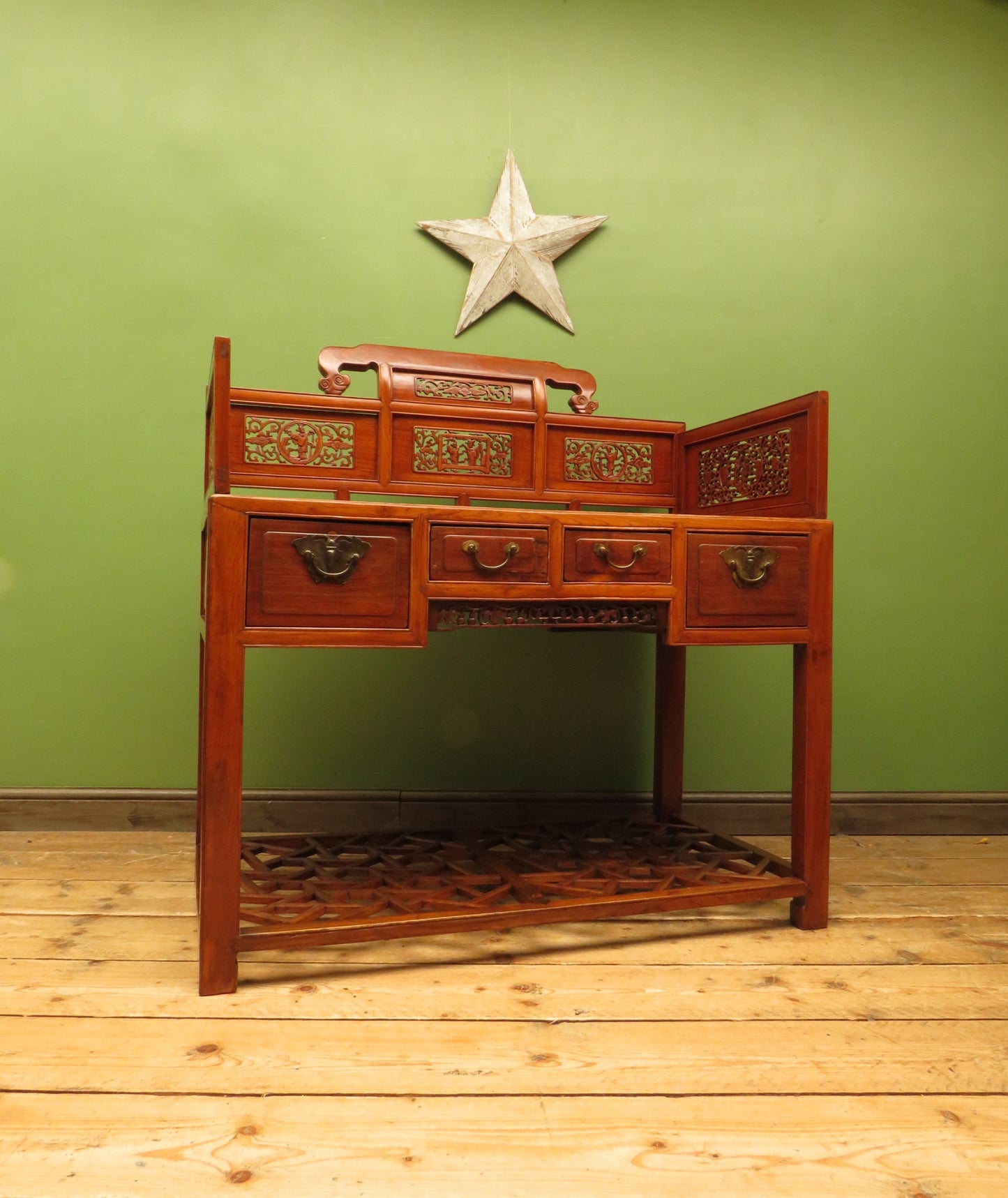 Chinese Elm Table with Ornate Carvings