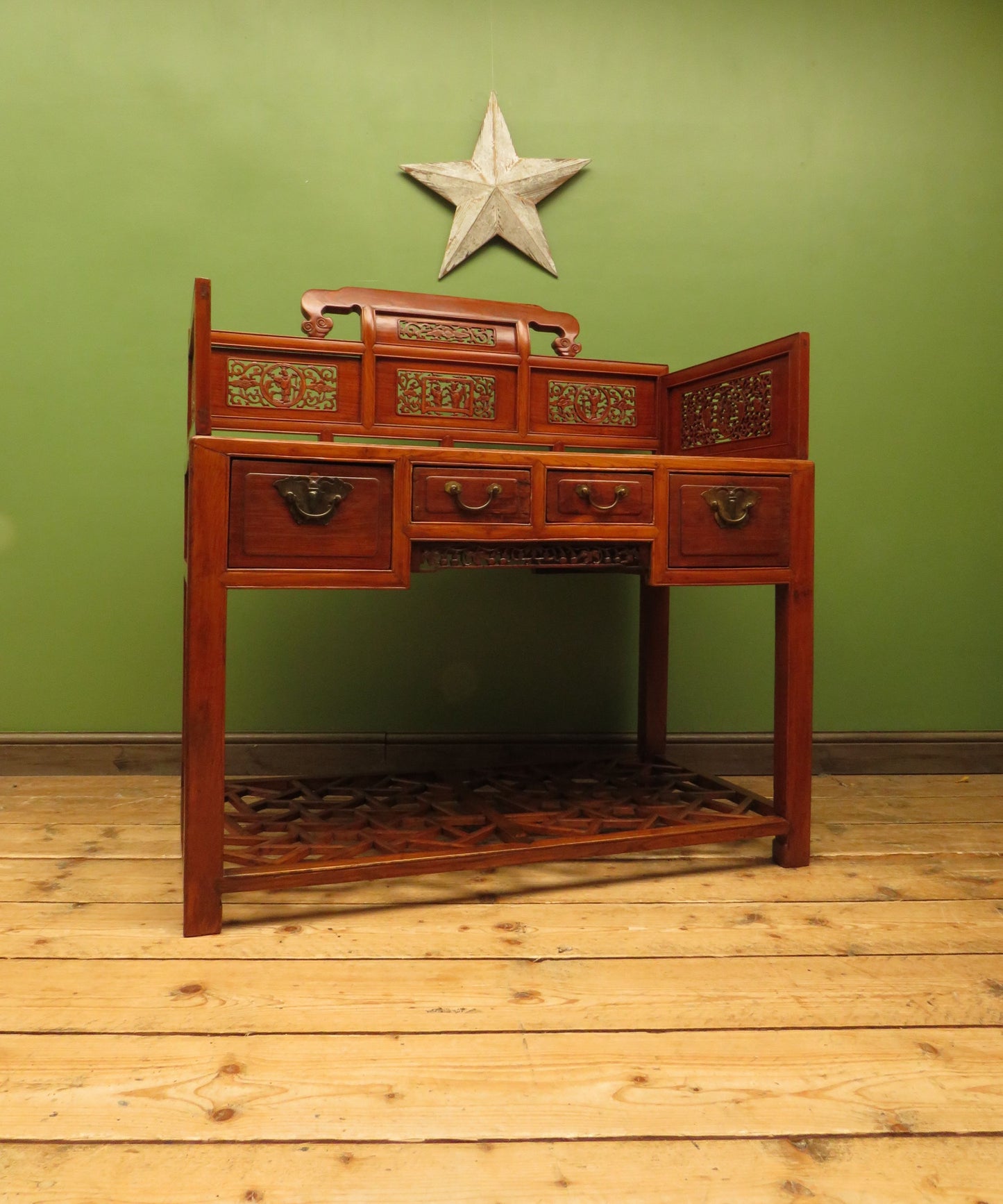 Chinese Elm Table with Ornate Carvings