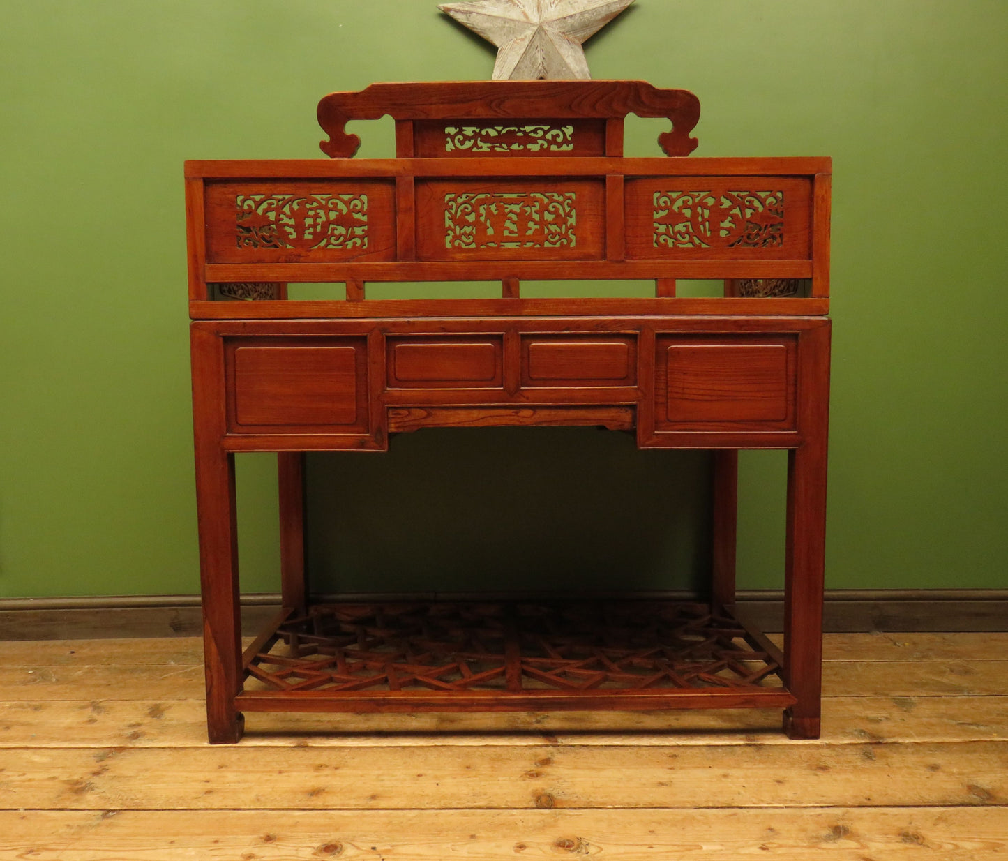 Chinese Elm Table with Ornate Carvings