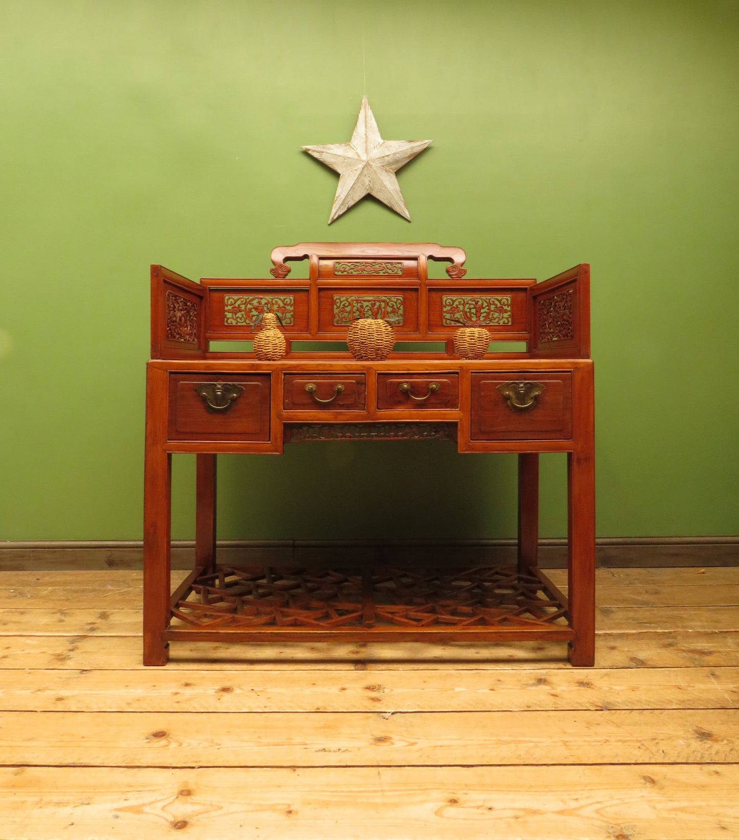 Chinese Elm Table with Ornate Carvings