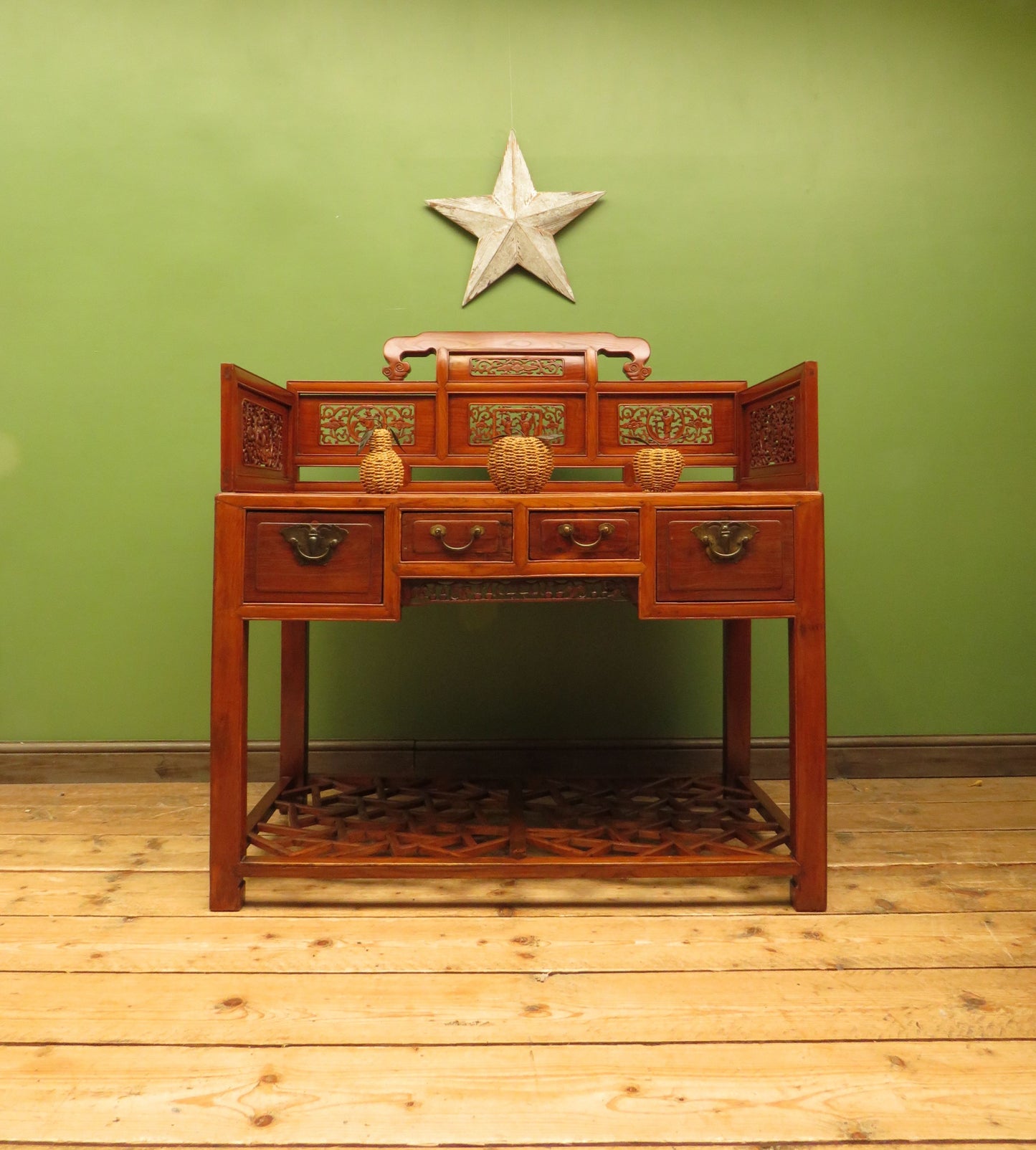 Chinese Elm Table with Ornate Carvings
