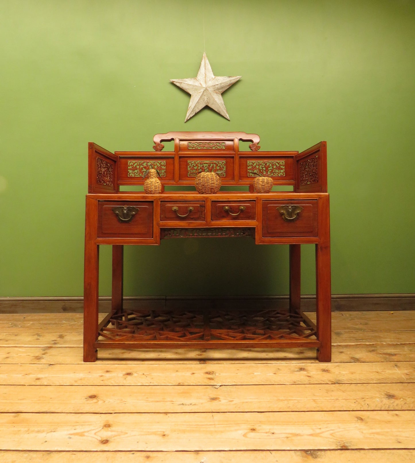 Chinese Elm Table with Ornate Carvings