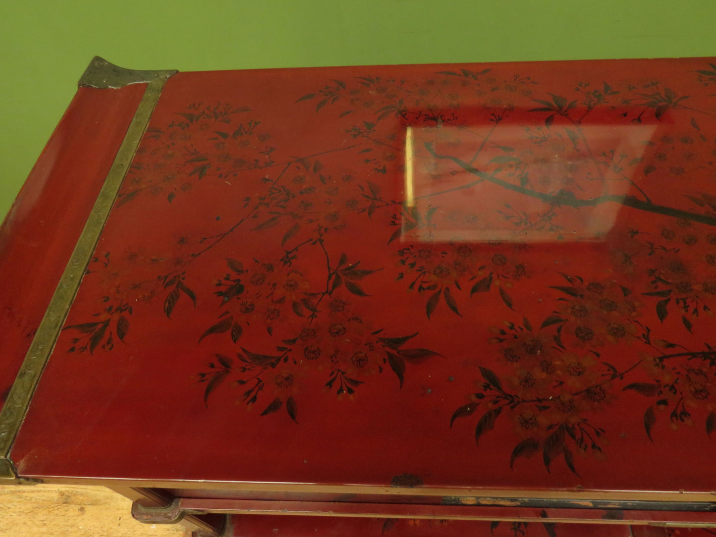 Japanese Red Lacquered Shodana Cabinet with Cherry Blossoms c1880