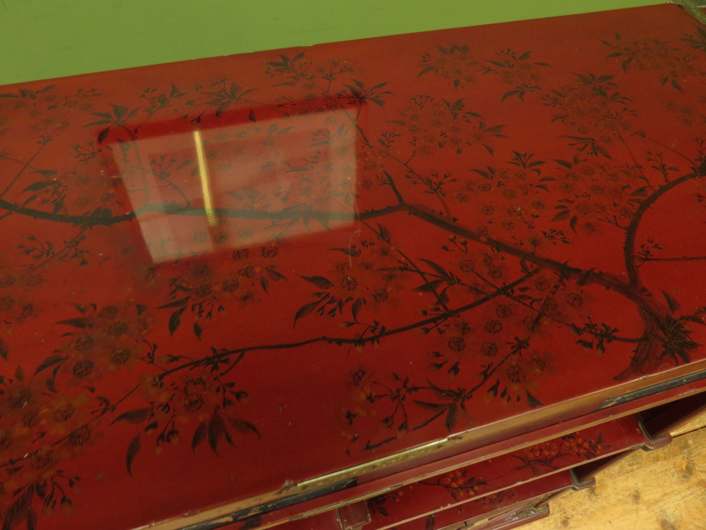 Japanese Red Lacquered Shodana Cabinet with Cherry Blossoms c1880