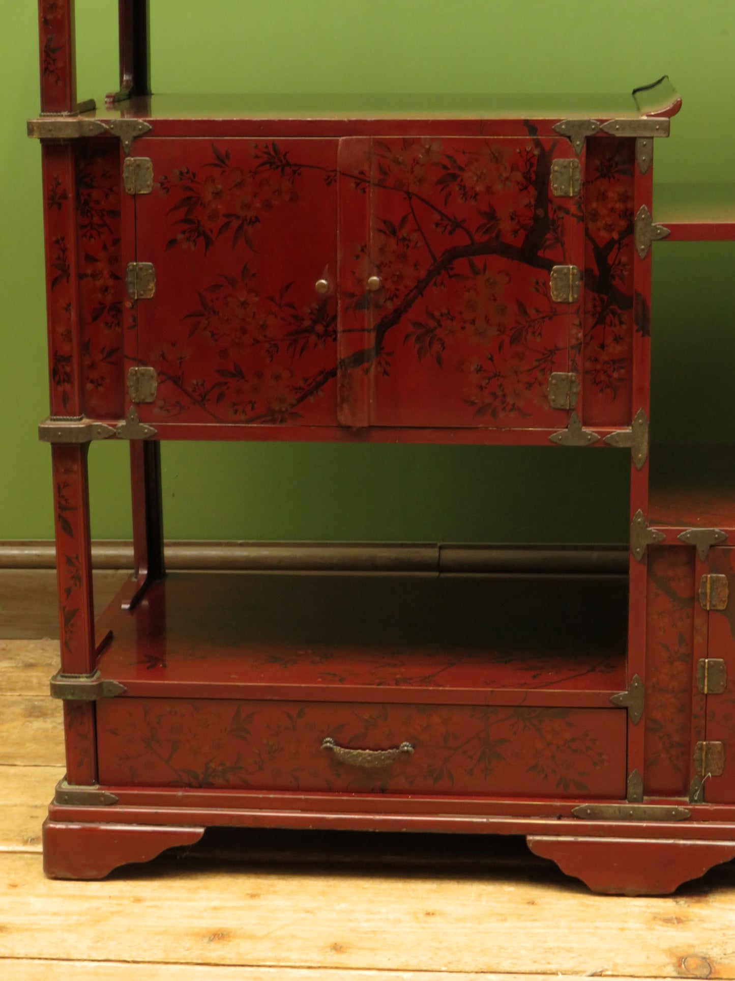 Japanese Red Lacquered Shodana Cabinet with Cherry Blossoms c1880