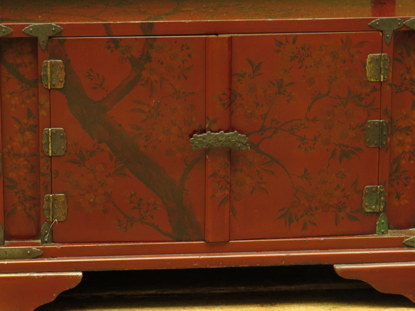 Japanese Red Lacquered Shodana Cabinet with Cherry Blossoms c1880