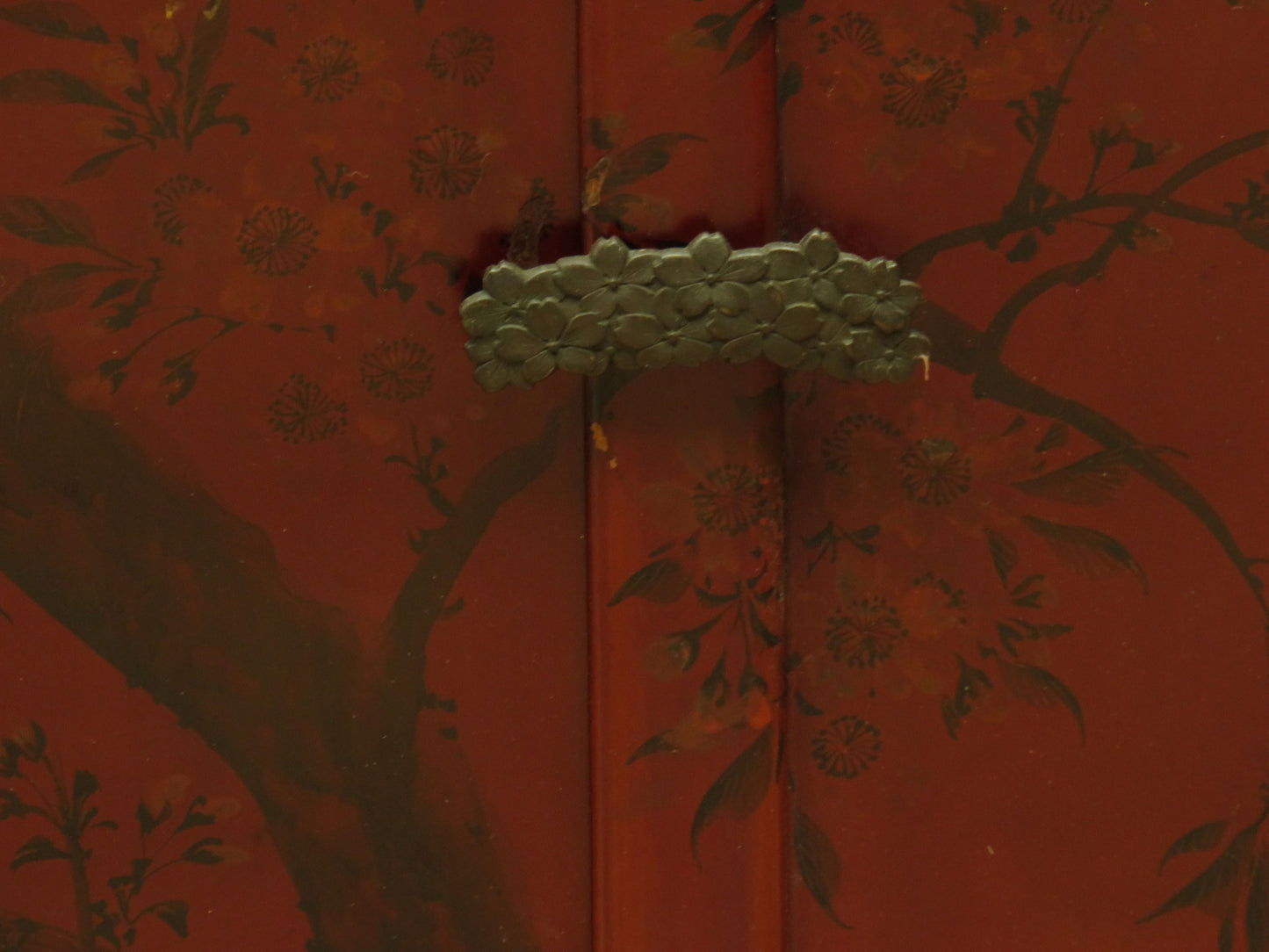 Japanese Red Lacquered Shodana Cabinet with Cherry Blossoms c1880