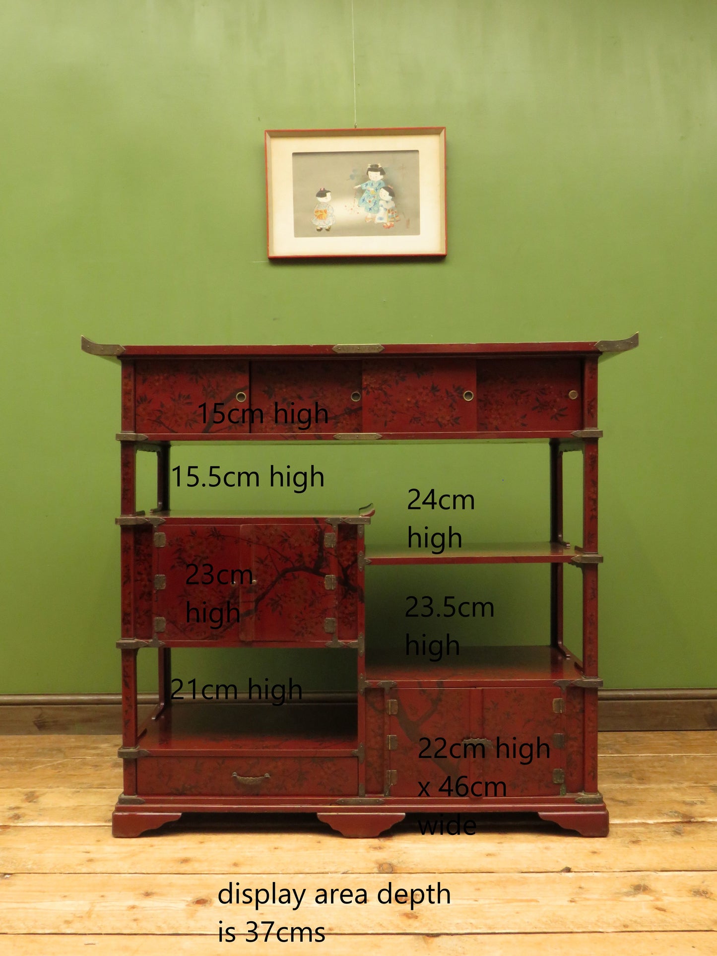 Japanese Red Lacquered Shodana Cabinet with Cherry Blossoms c1880