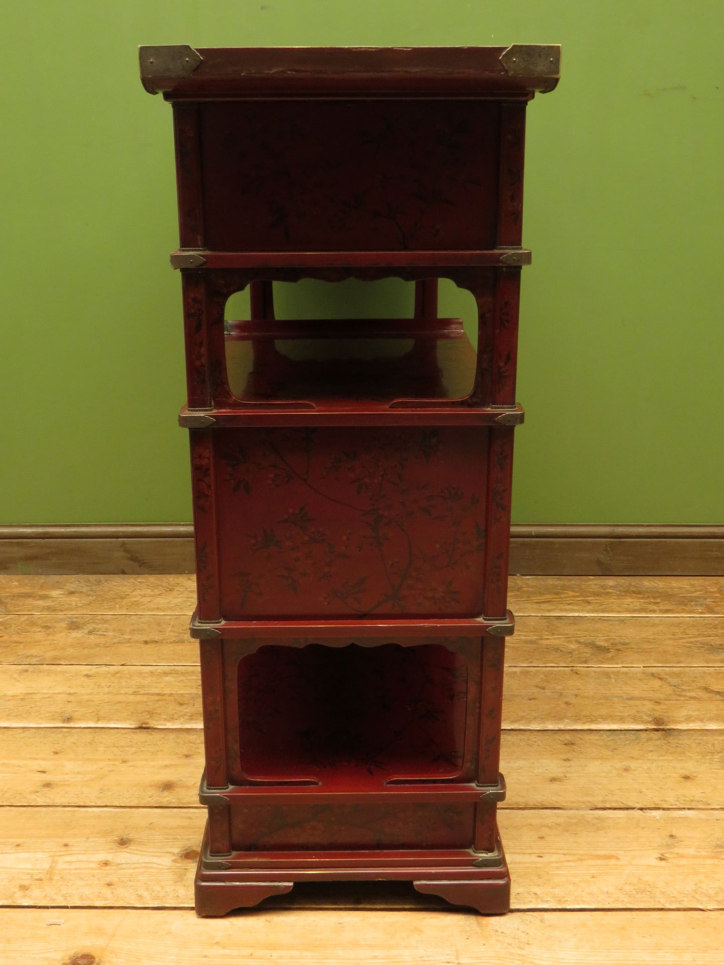 Japanese Red Lacquered Shodana Cabinet with Cherry Blossoms c1880
