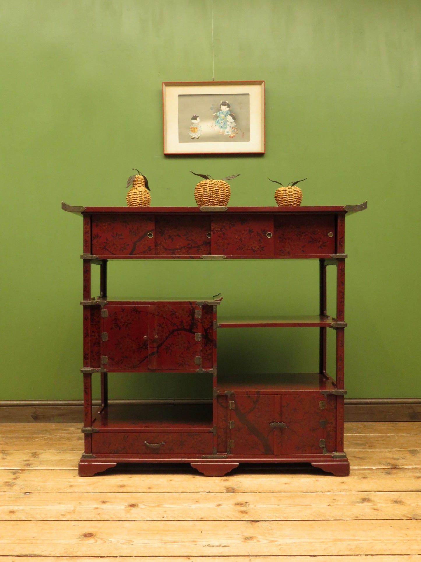 Japanese Red Lacquered Shodana Cabinet with Cherry Blossoms c1880