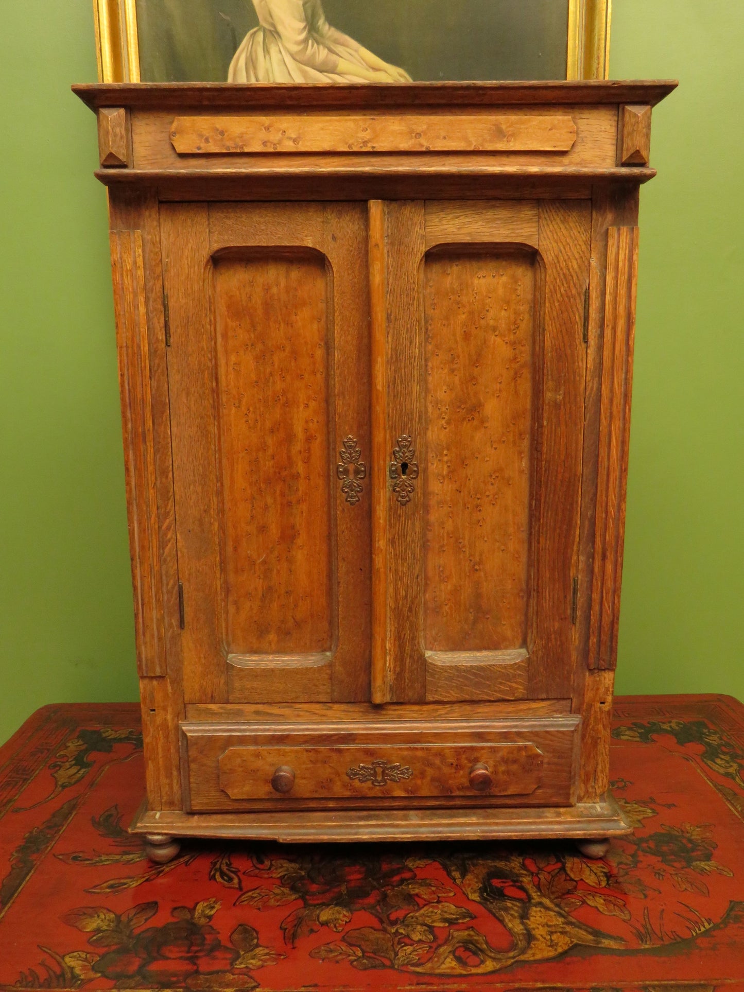 Antique Table top Cabinet in Oak and birds eye maple