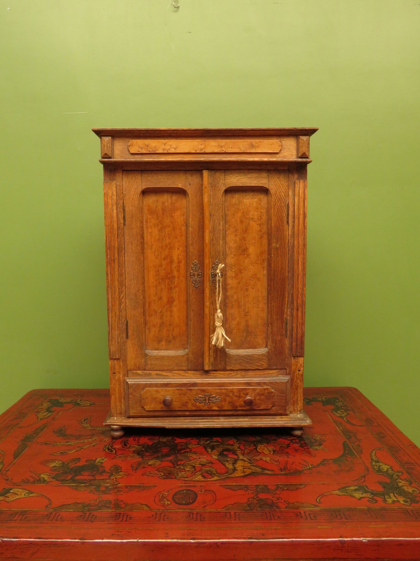 Antique Table top Cabinet in Oak and birds eye maple