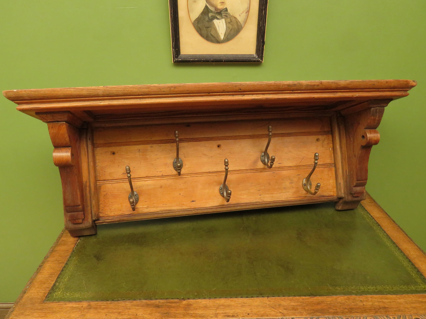 Antique Pine Wall Shelf with Coat Hooks