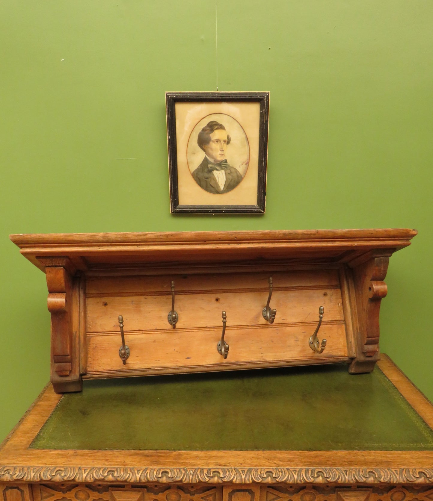 Antique Pine Wall Shelf with Coat Hooks