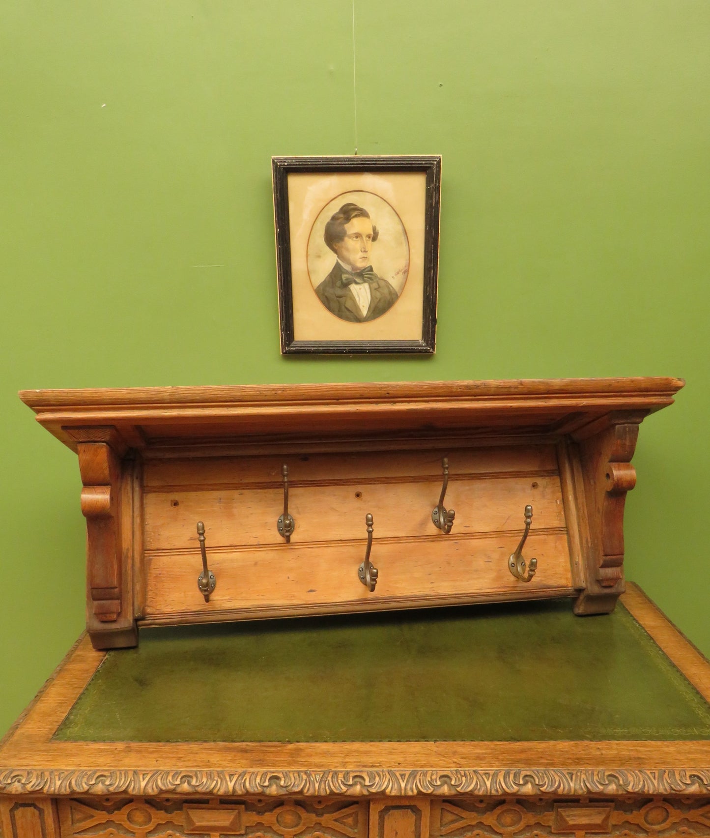 Antique Pine Wall Shelf with Coat Hooks