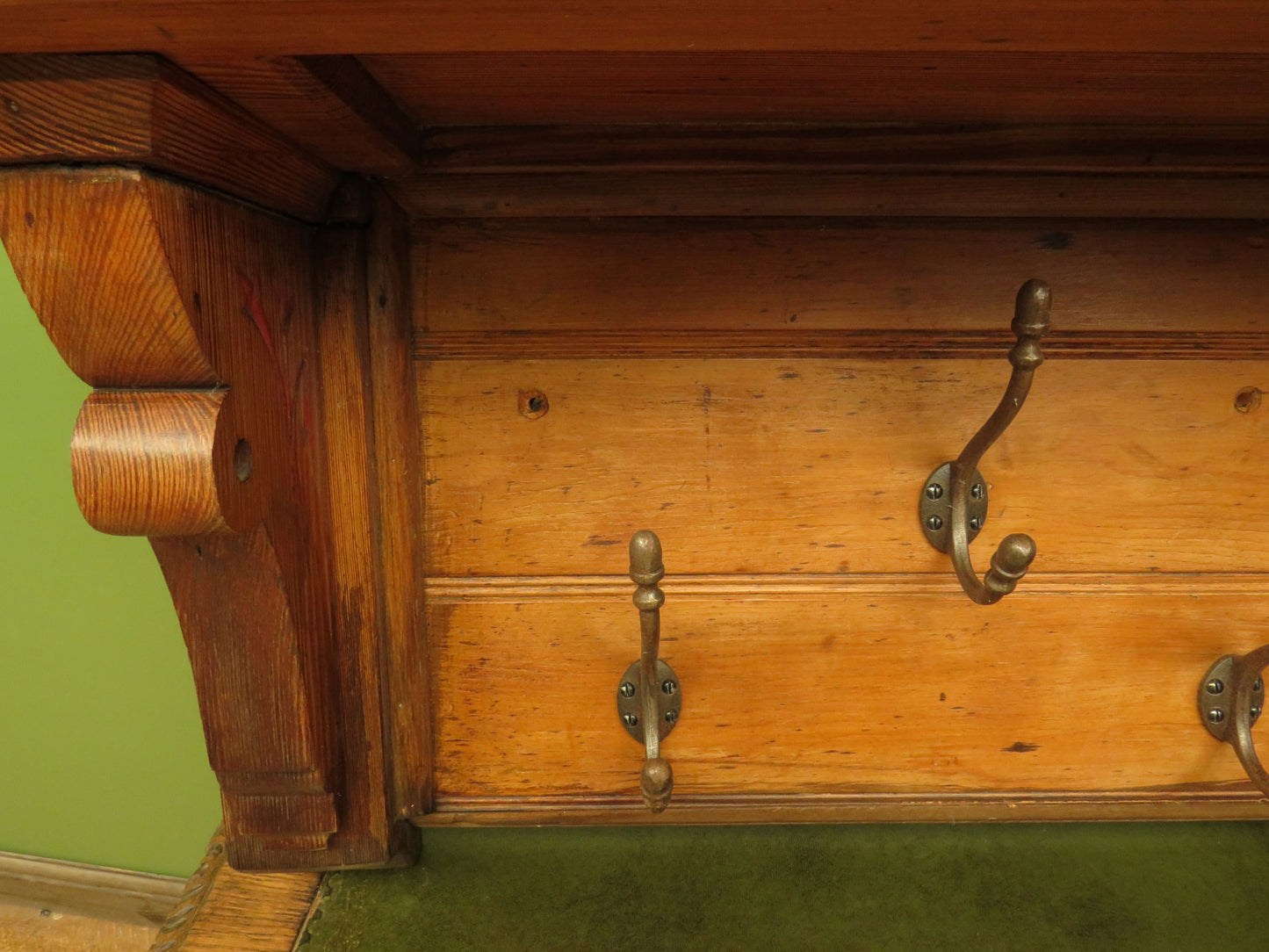 Antique Pine Wall Shelf with Coat Hooks