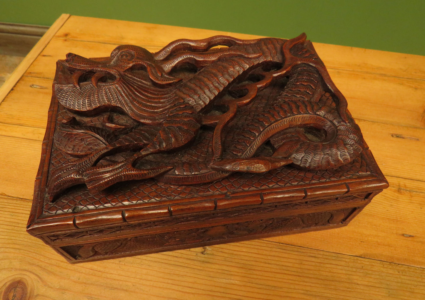 Antique Chinese Carved Wooden Box with Dragon