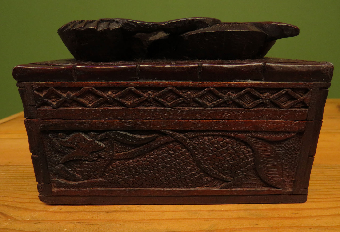 Antique Chinese Carved Wooden Box with Dragon