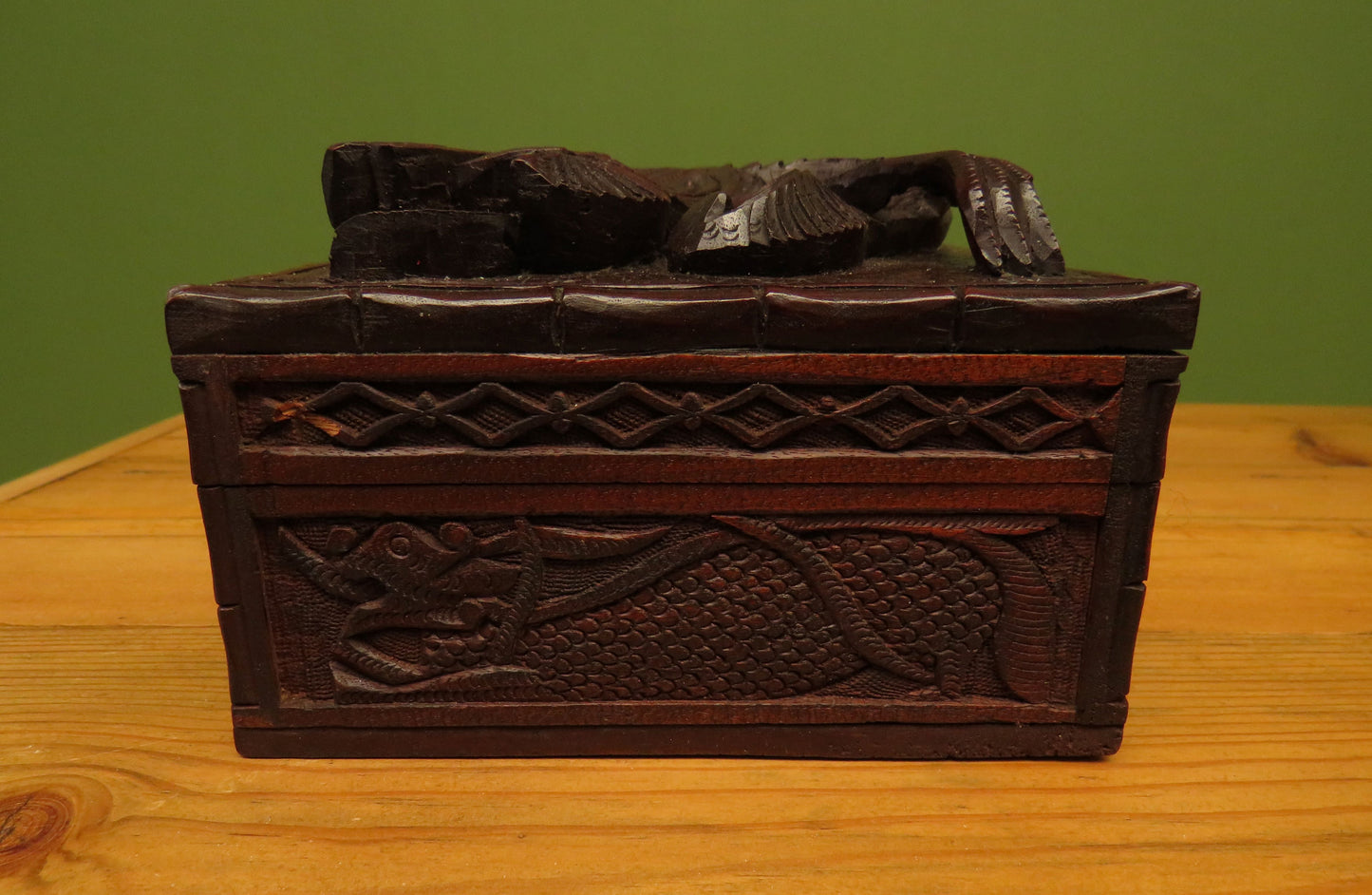Antique Chinese Carved Wooden Box with Dragon