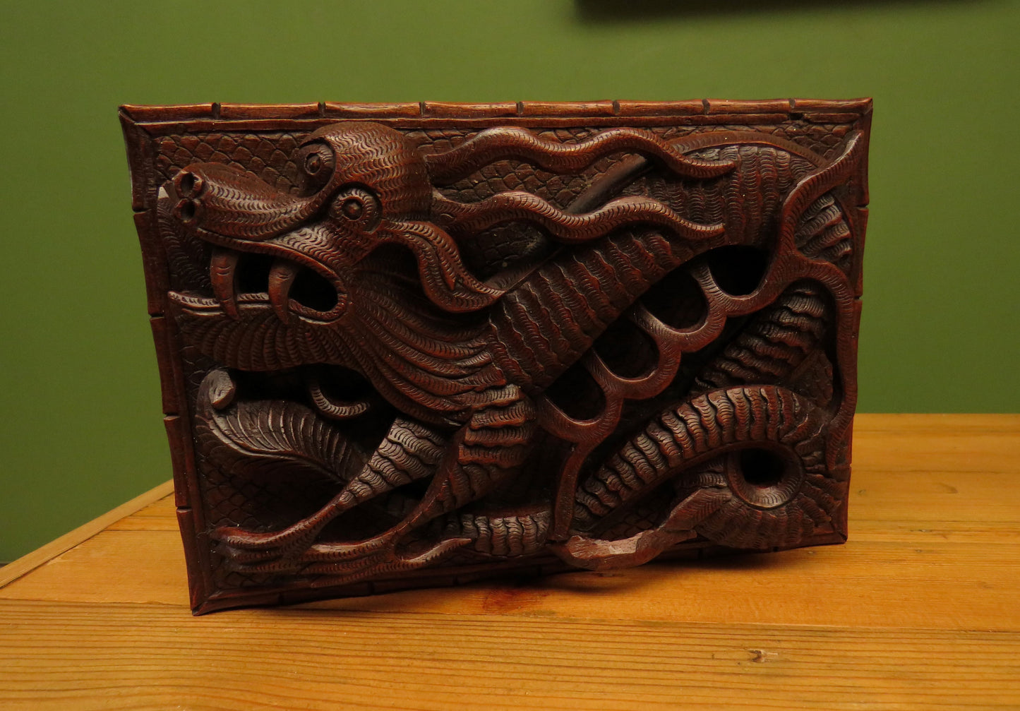 Antique Chinese Carved Wooden Box with Dragon