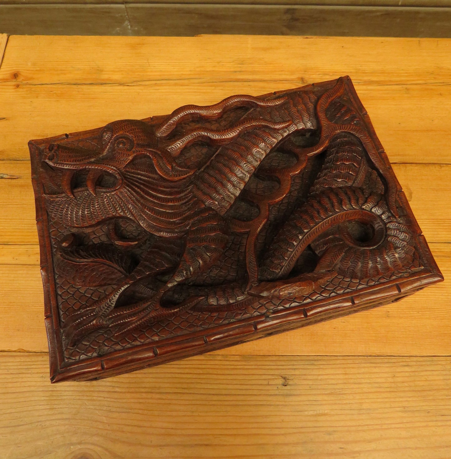 Antique Chinese Carved Wooden Box with Dragon