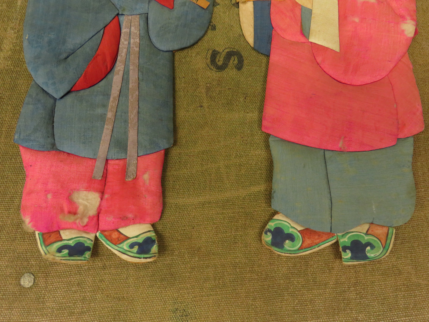 Antique Framed Chinese painted silk on card immortal figures