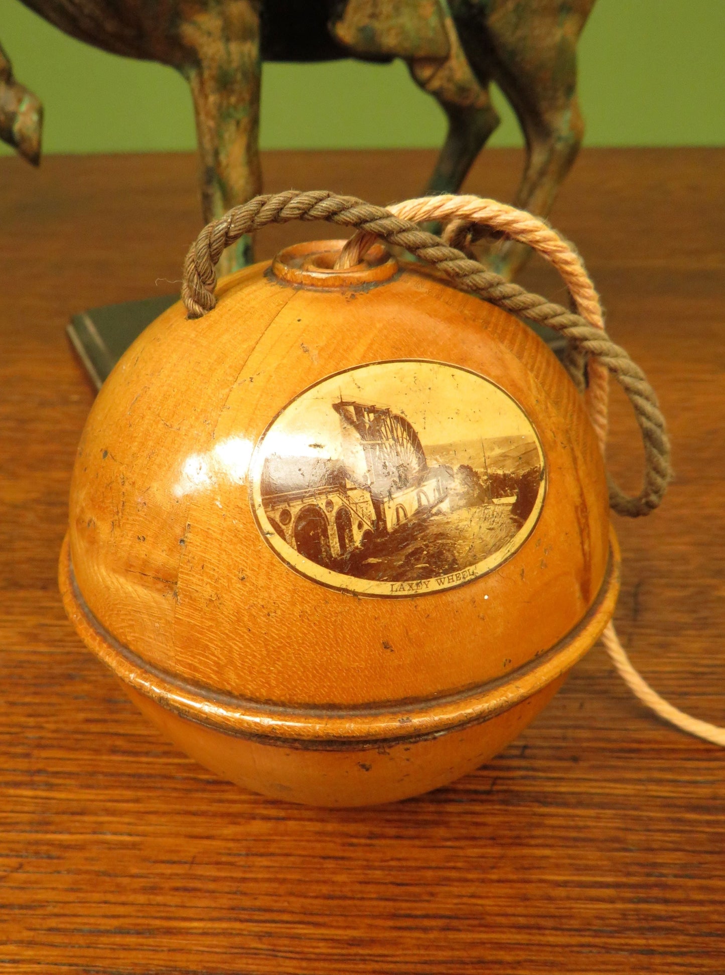 ANTIQUE VICTORIAN MAUCHLINE WARE STRING HOLDER, Laxey Wheel, Isle of Man