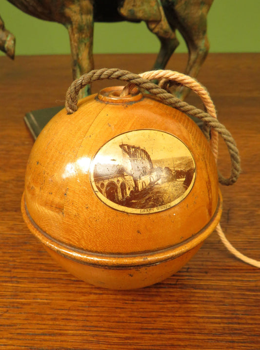 ANTIQUE VICTORIAN MAUCHLINE WARE STRING HOLDER, Laxey Wheel, Isle of Man
