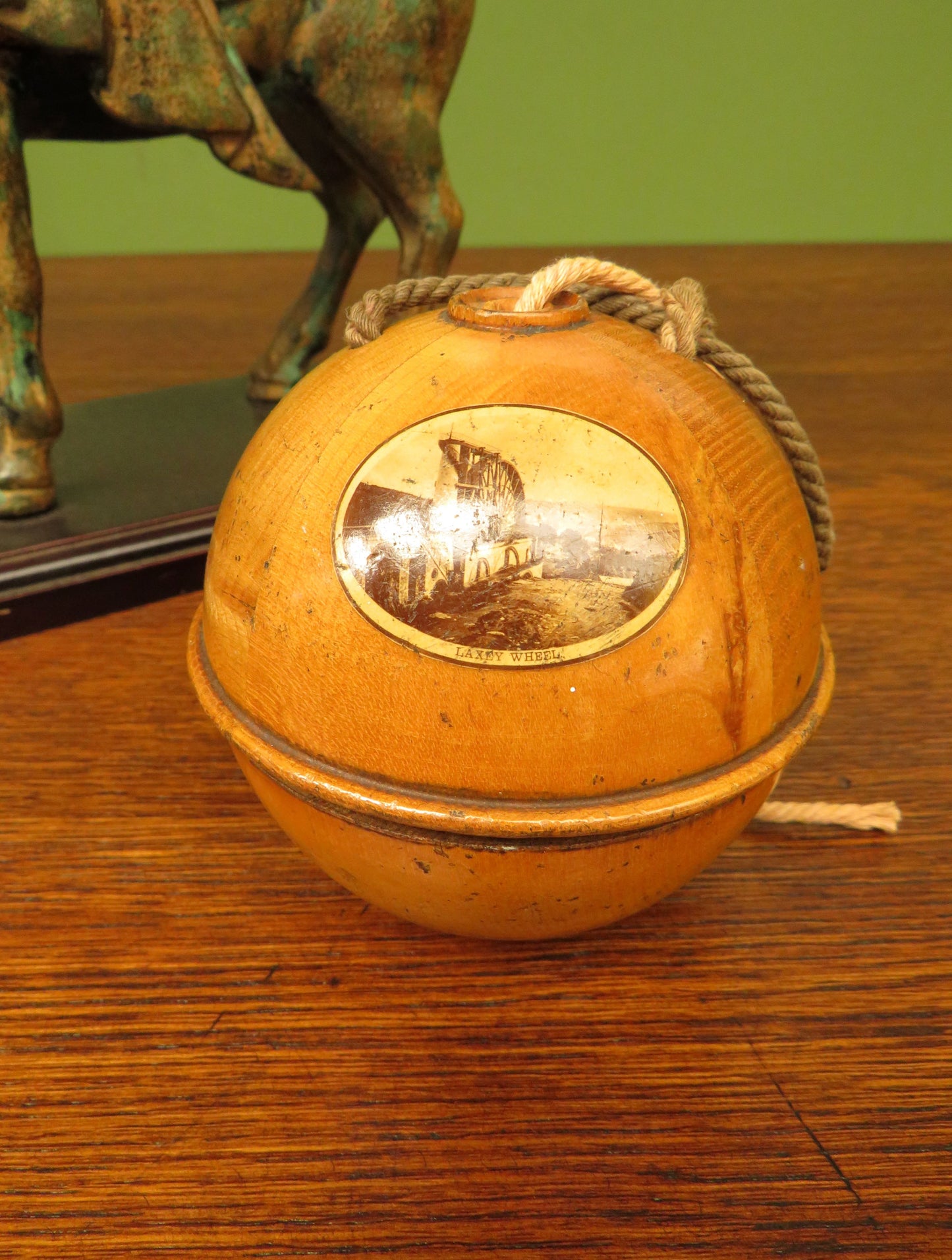 ANTIQUE VICTORIAN MAUCHLINE WARE STRING HOLDER, Laxey Wheel, Isle of Man