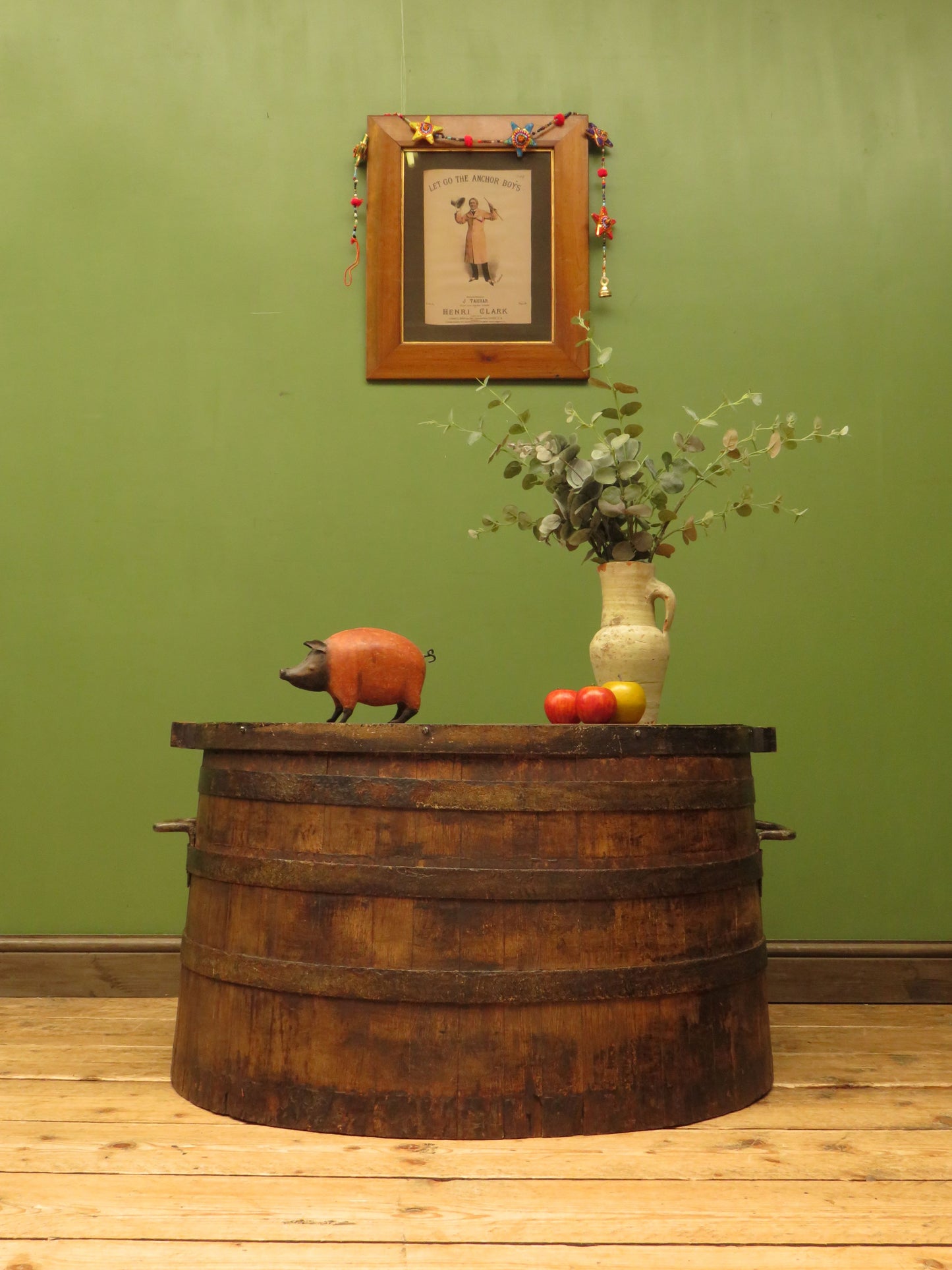 Large Antique Coopered Pig Salting Barrel with Lid, rustic coffee or bar table