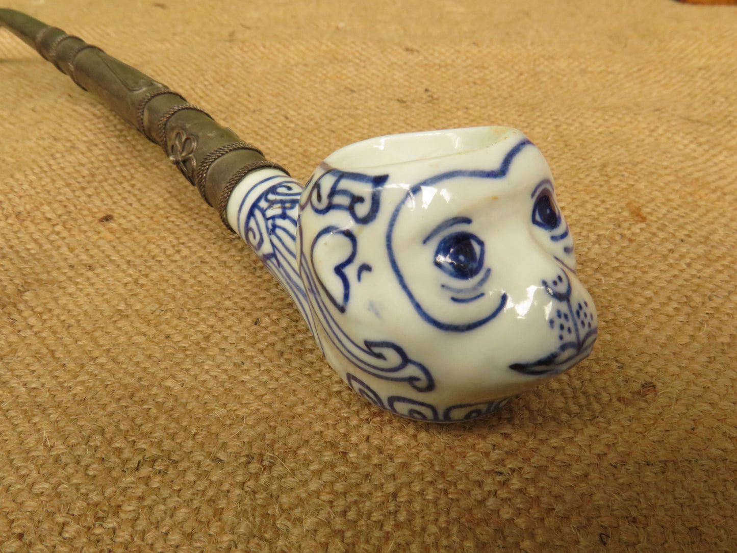 Porcelain Blue and White Monkey Pipe Incense Burner