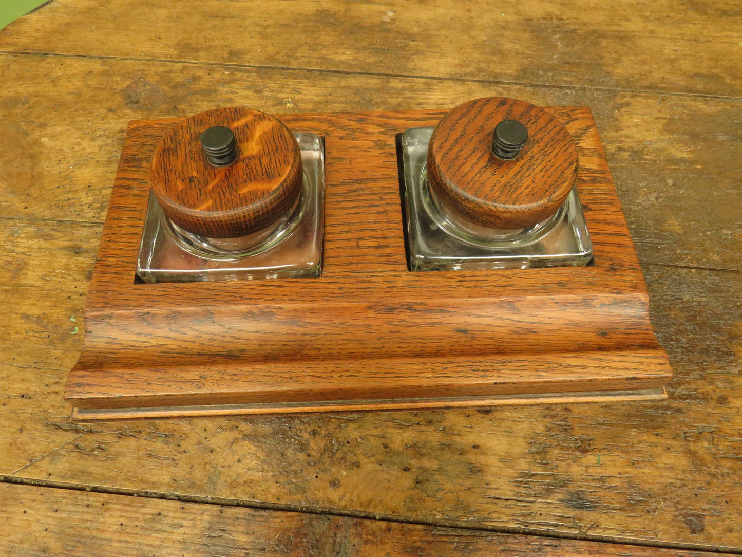 1930s Oak Ink Stand with Glass Inkwells