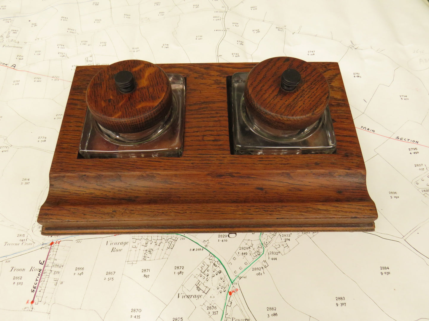 1930s Oak Ink Stand with Glass Inkwells