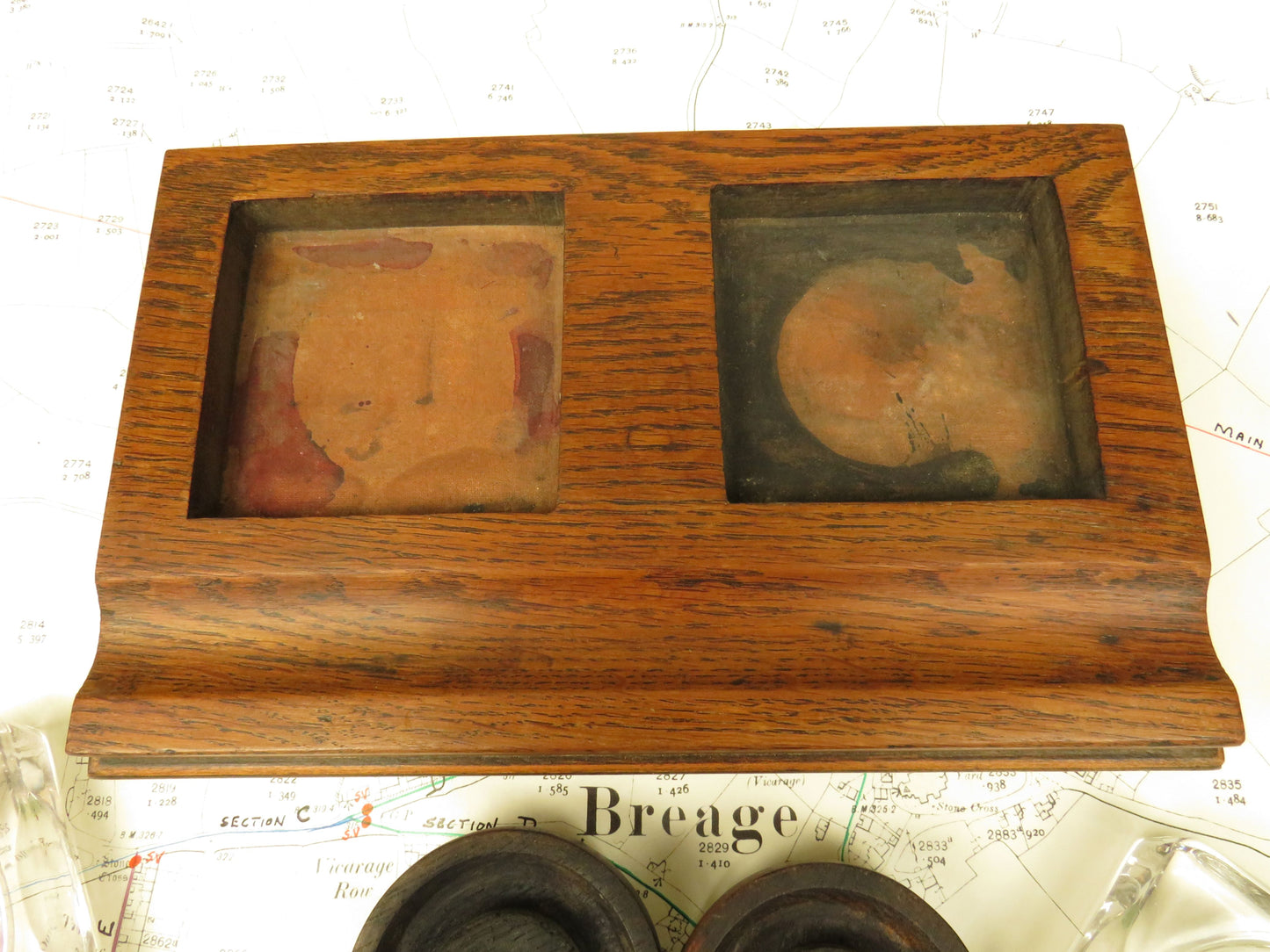1930s Oak Ink Stand with Glass Inkwells