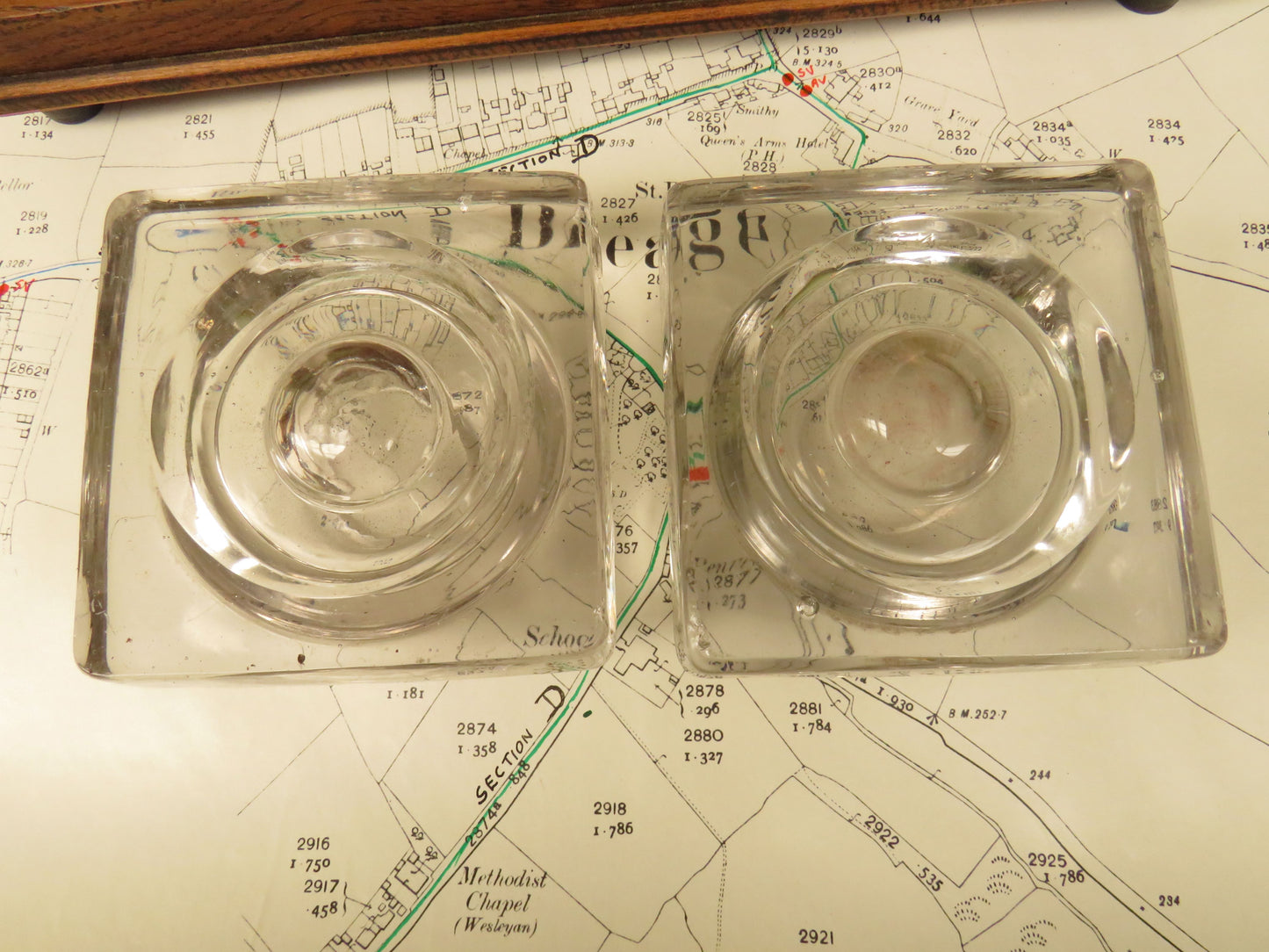 1930s Oak Ink Stand with Glass Inkwells