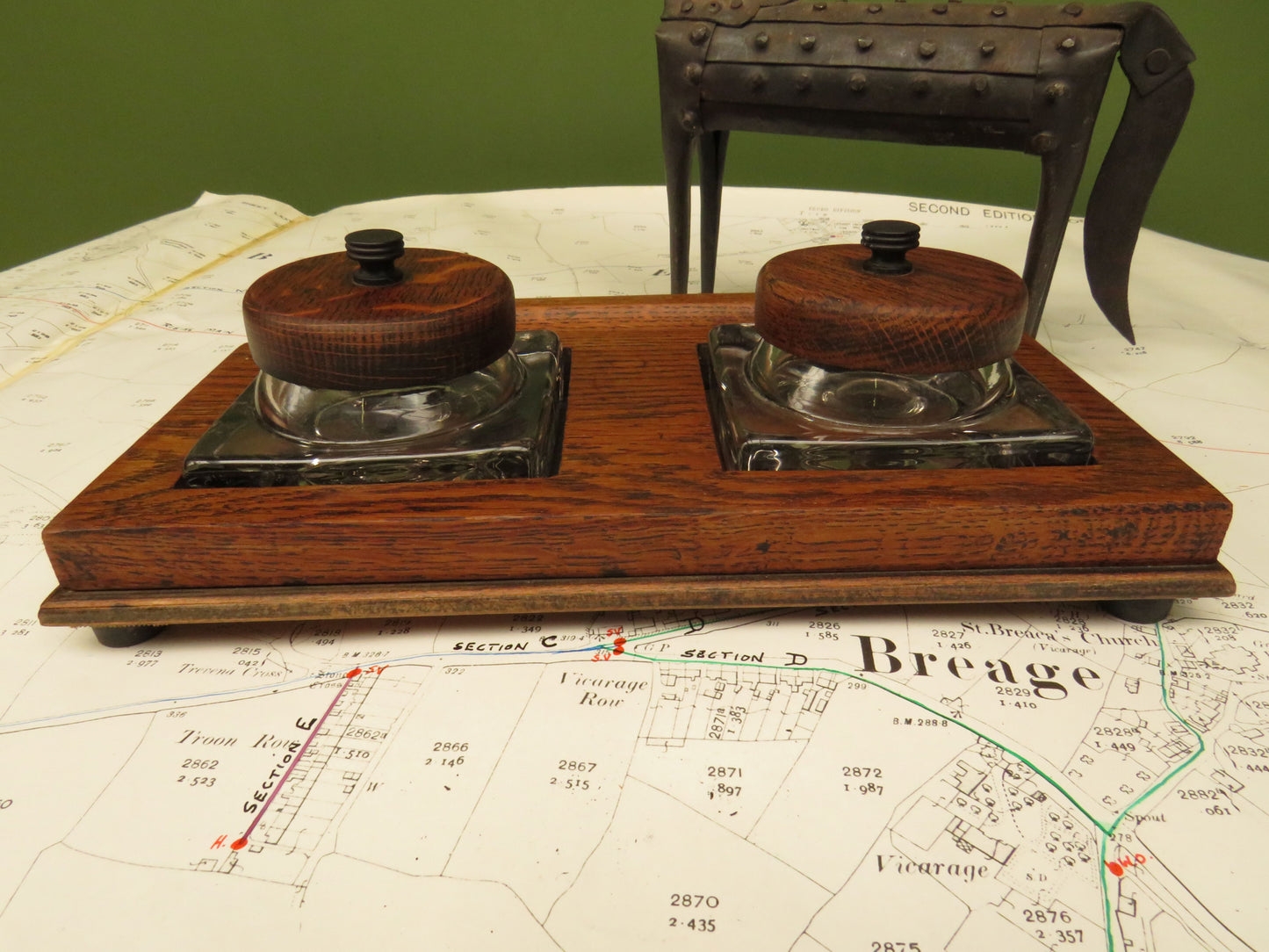 1930s Oak Ink Stand with Glass Inkwells