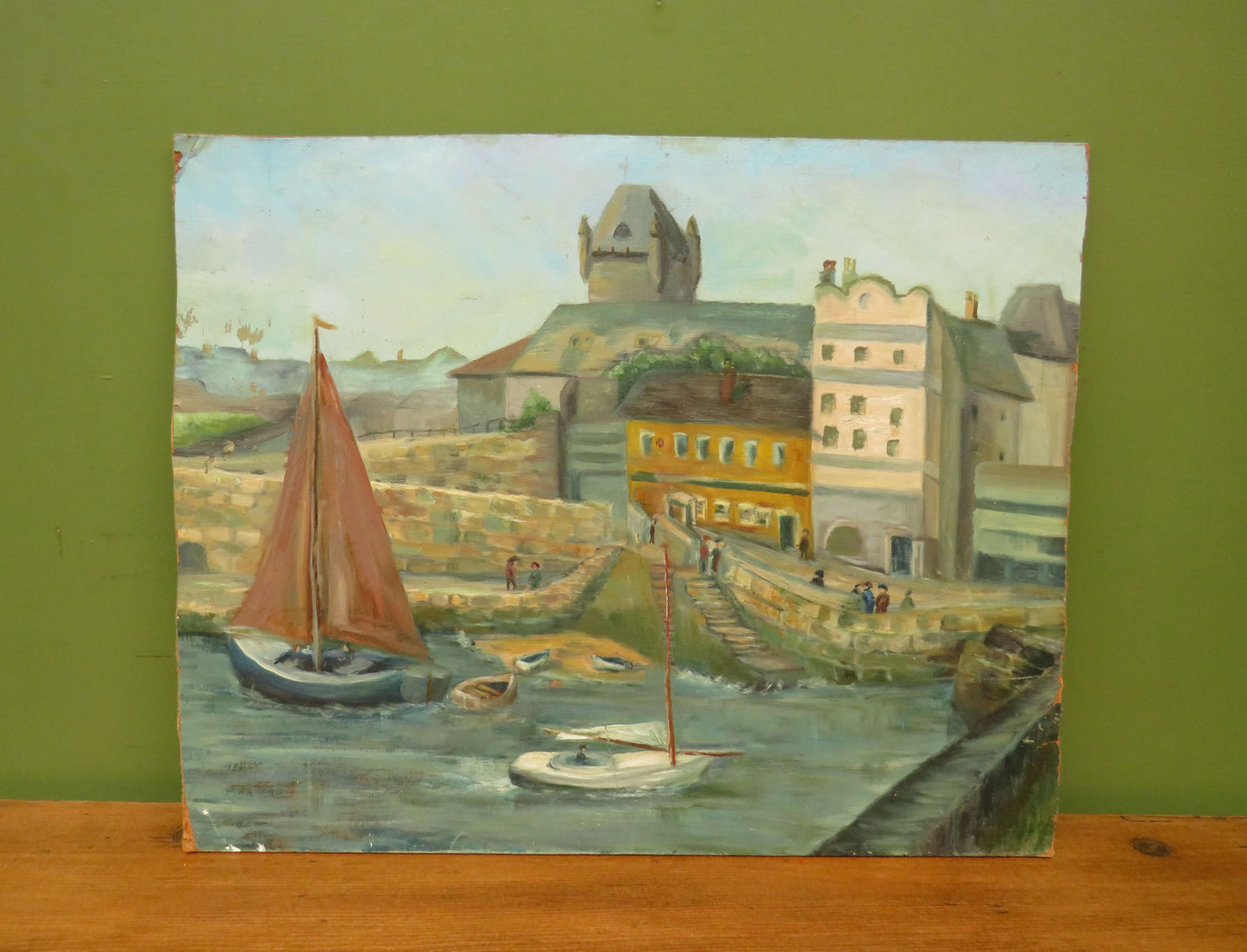 Vintage Naive Acrylic on Board of Boats and Harbour