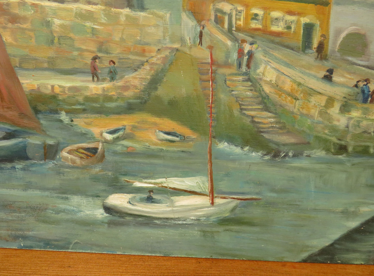 Vintage Naive Acrylic on Board of Boats and Harbour