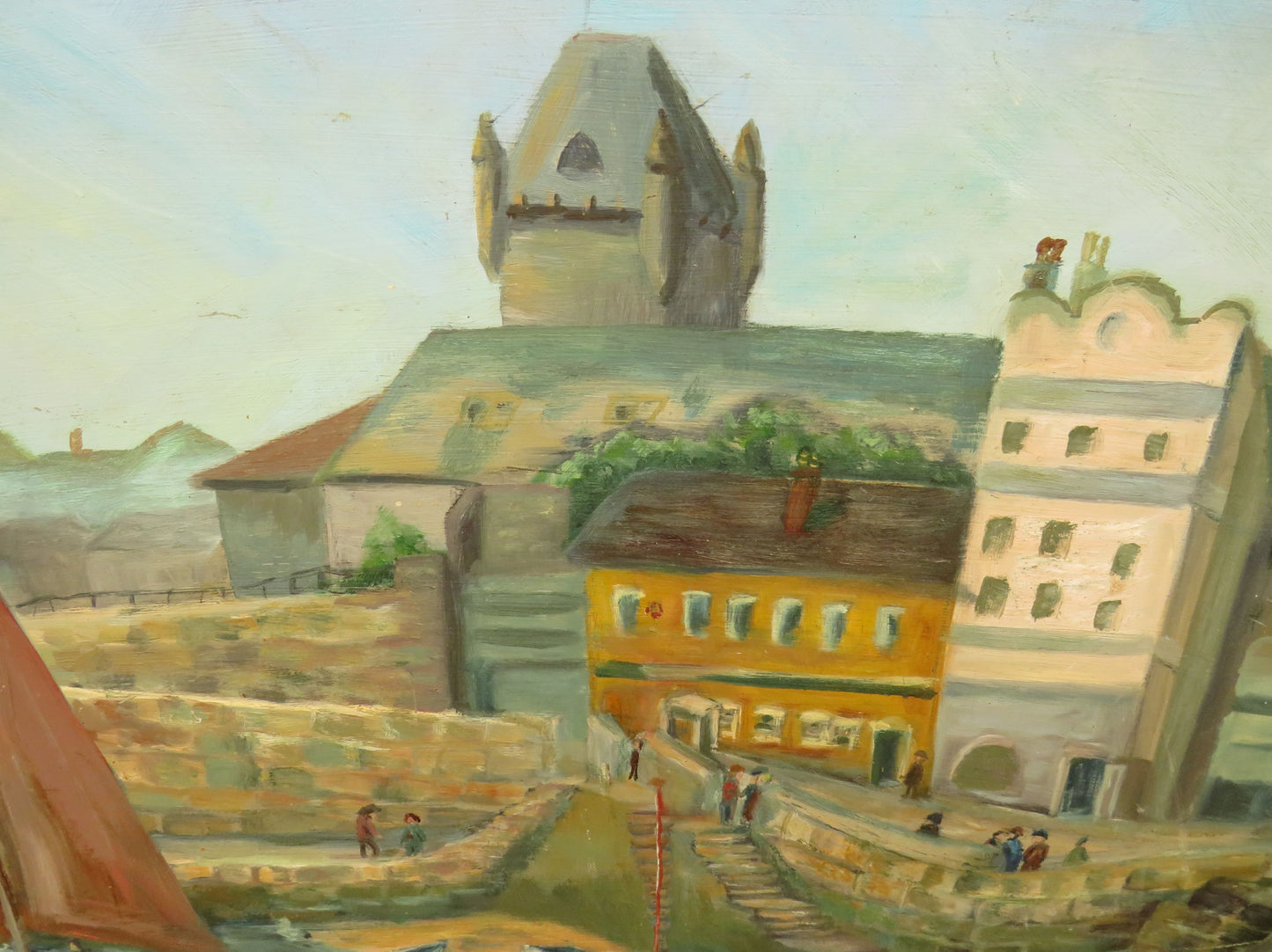 Vintage Naive Acrylic on Board of Boats and Harbour
